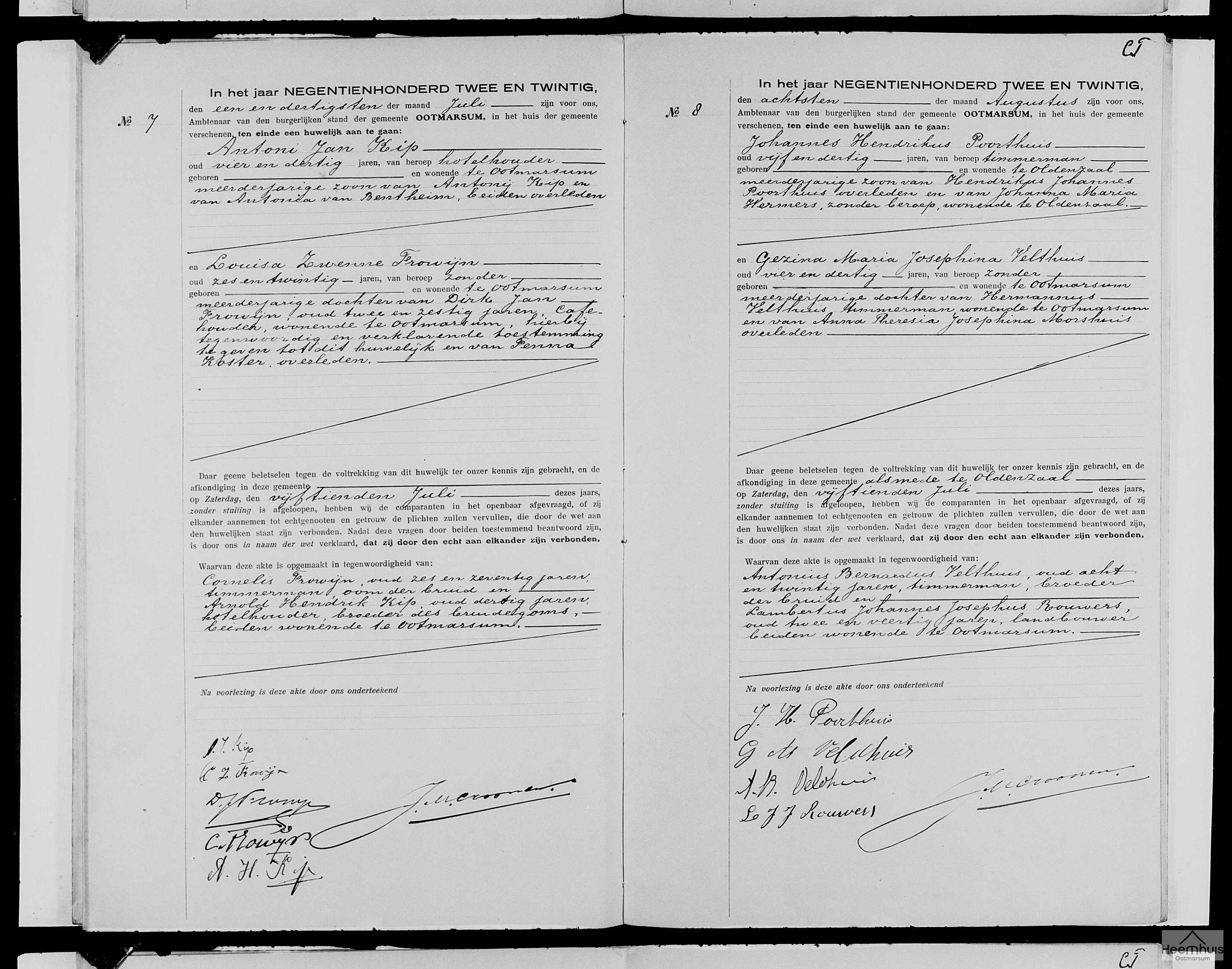 Huwelijksakte van Johannes Hendrikus Poorthuis en Gezina Maria Josephina Velthuis