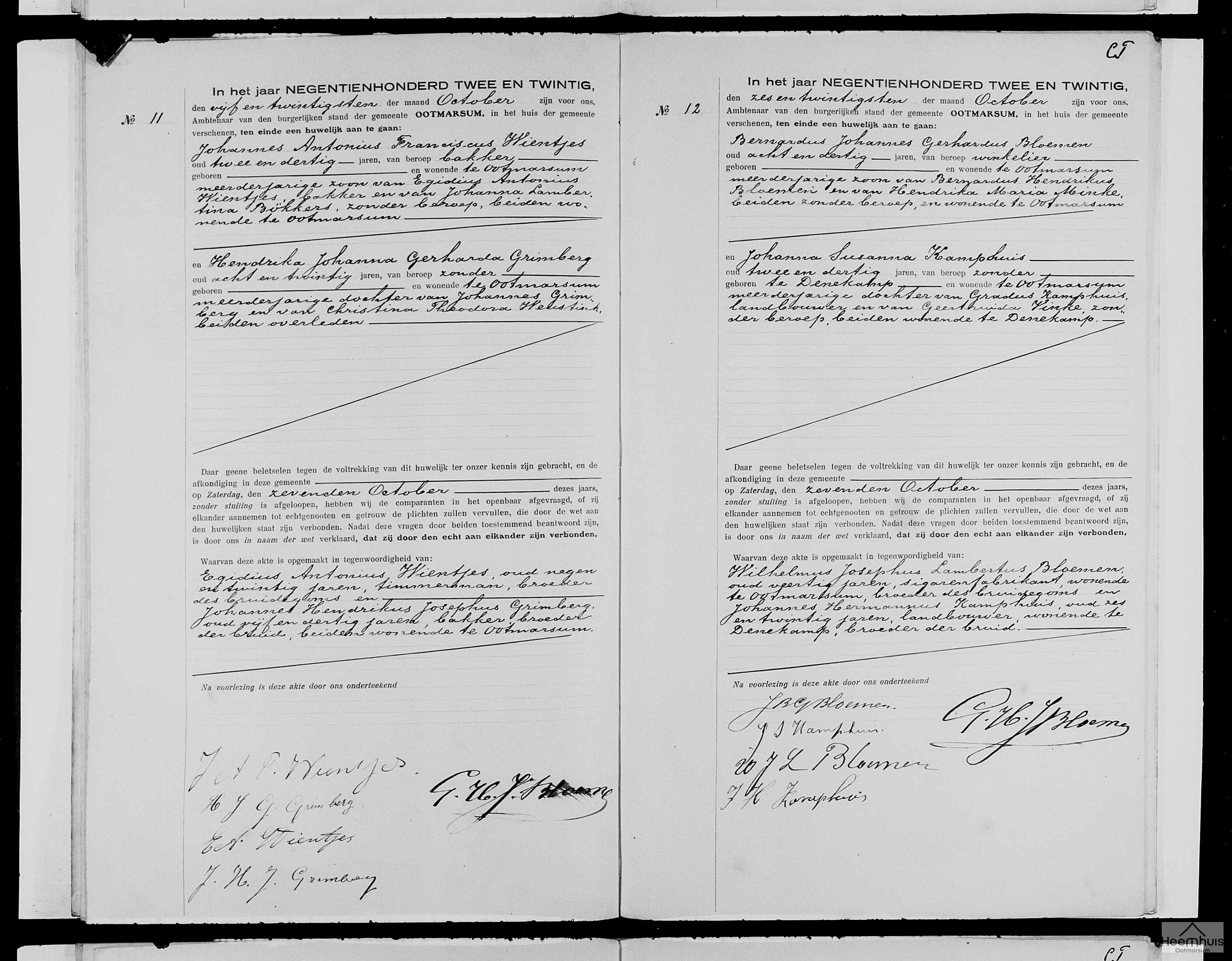 Huwelijksakte van Johannes Antonius Franciscus Wientjes en Hendrika Johanna Gerharda Grimberg