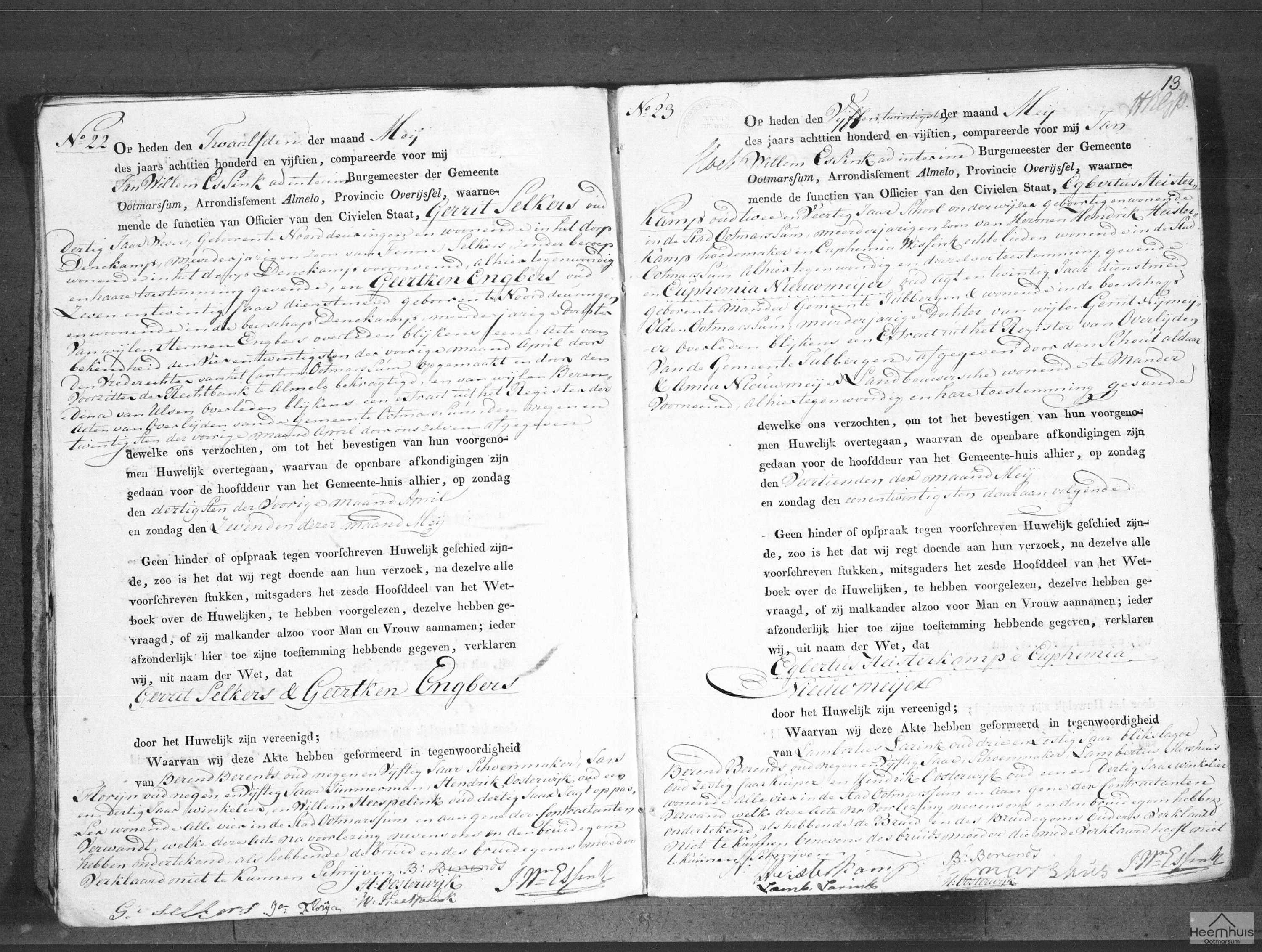 Huwelijksakte van Egbertus Heisterkamp en Euphemia Nieuwmeijer