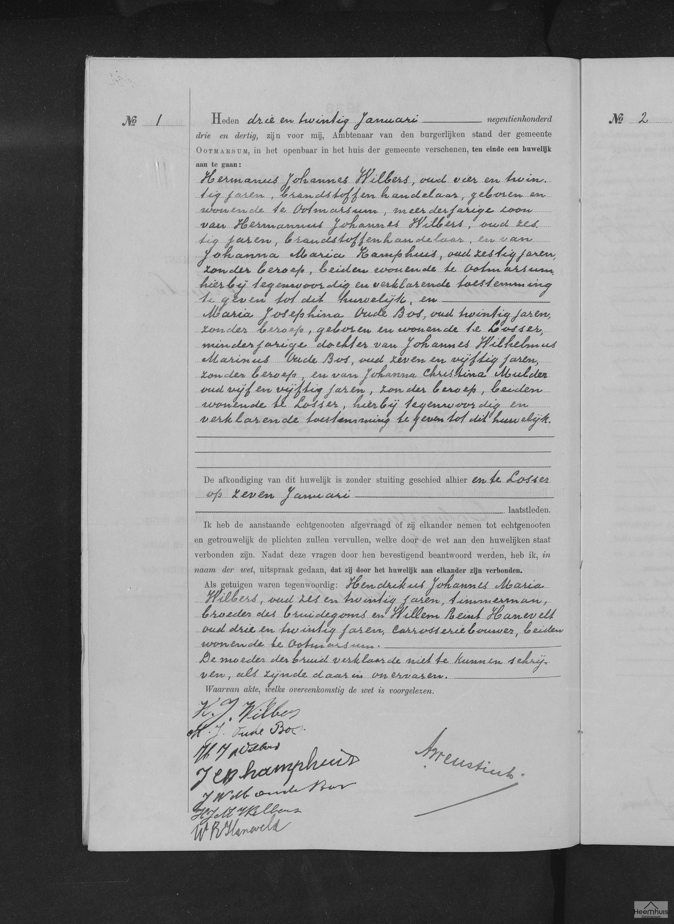 Huwelijksakte van Hermanus Johannes Wilbers en Maria Josephina Oude Bos