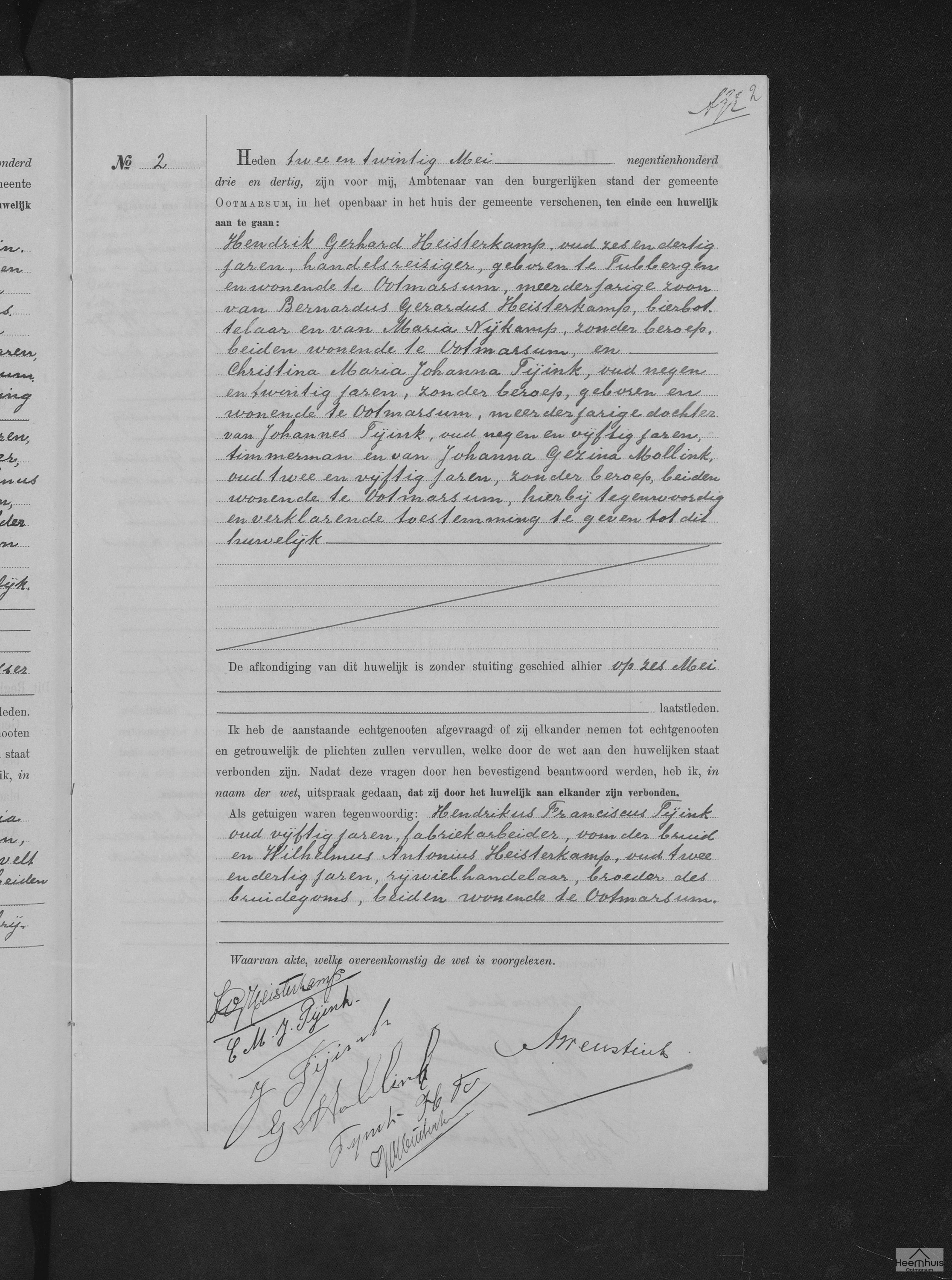 Huwelijksakte van Hendrik Gerhard Heisterkamp en Christina Maria Johanna Tijink