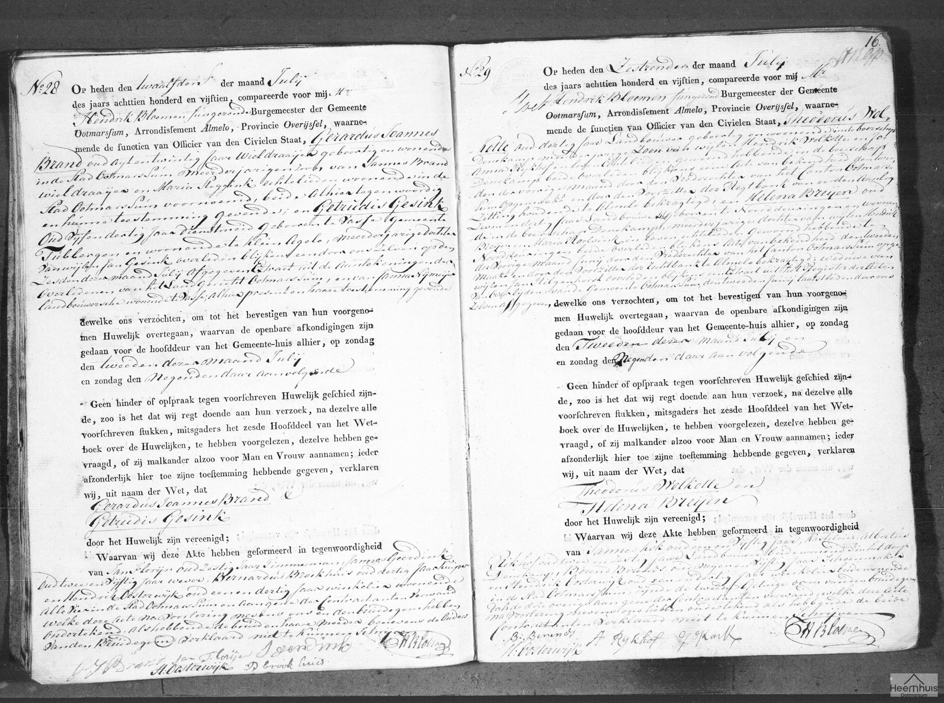 Huwelijksakte van Gerardus Joannes Brand en Getrudis Gesink