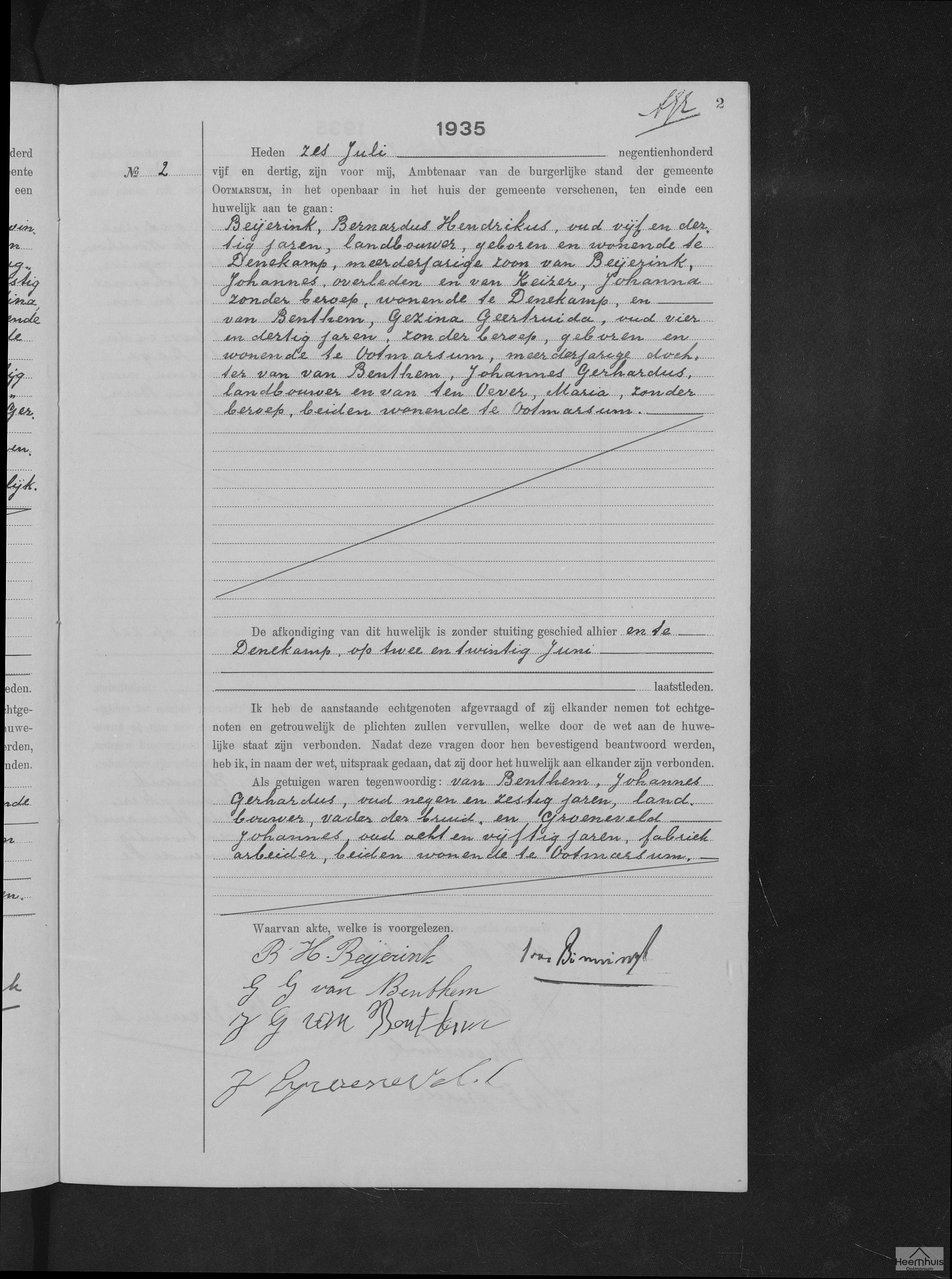 Huwelijksakte van Bernardus Hendrikus Beijerink en Gezina Geertruida van Benthem