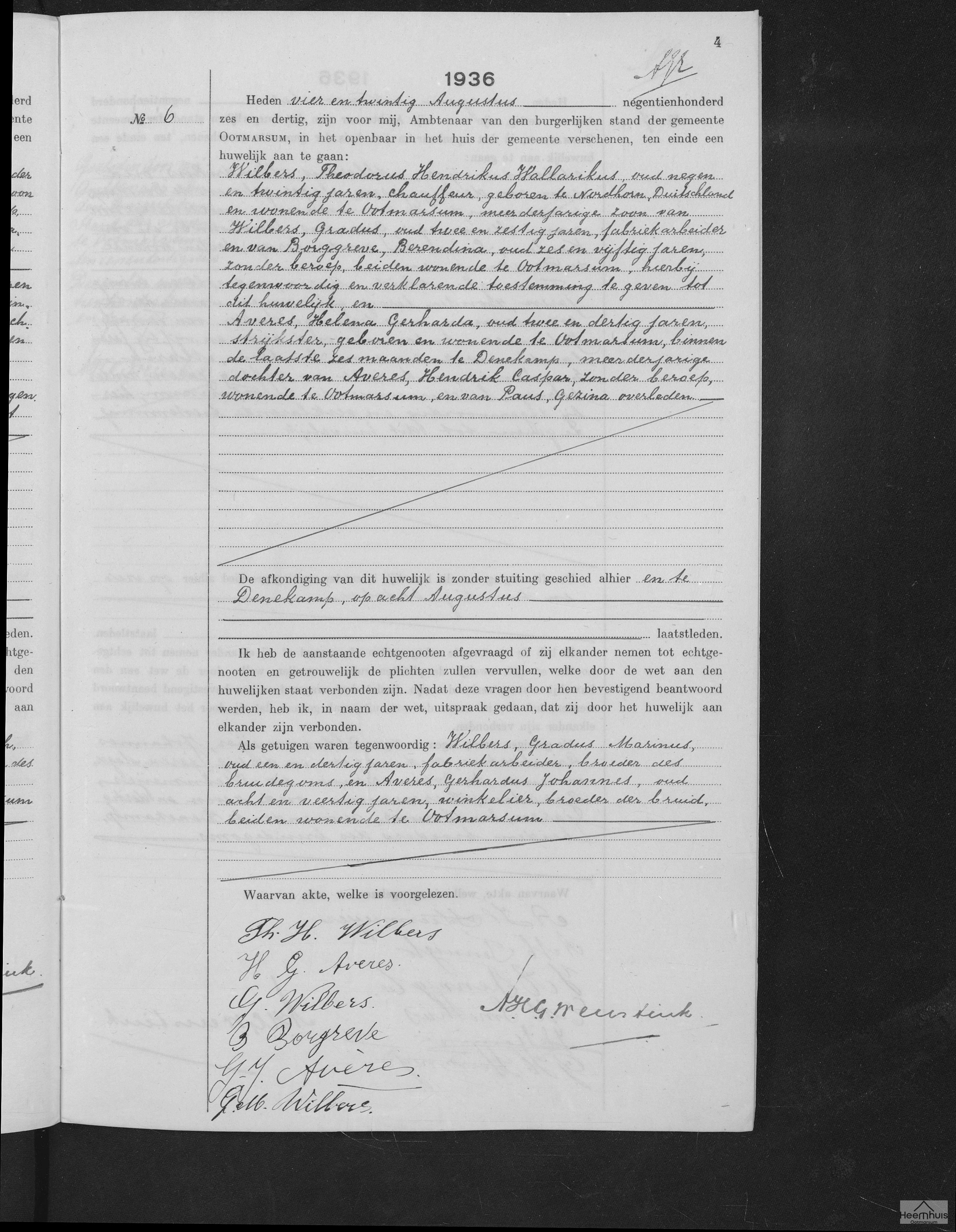 Huwelijksakte van Theodorus Hendrikus Wallarikus Wilbers en Helena Gerharda Averes