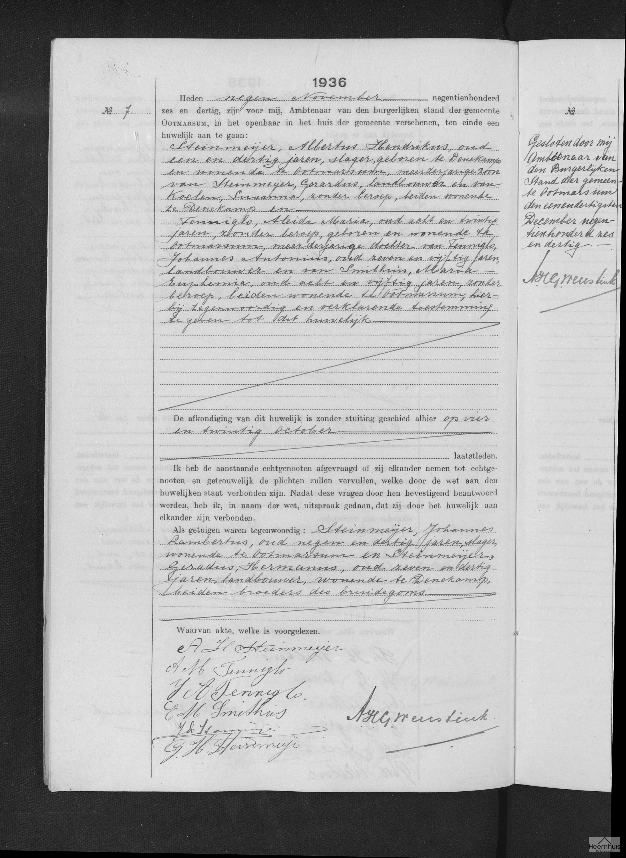 Huwelijksakte van Albertus Hendrikus Steinmeijer en Aleida Maria Tenniglo