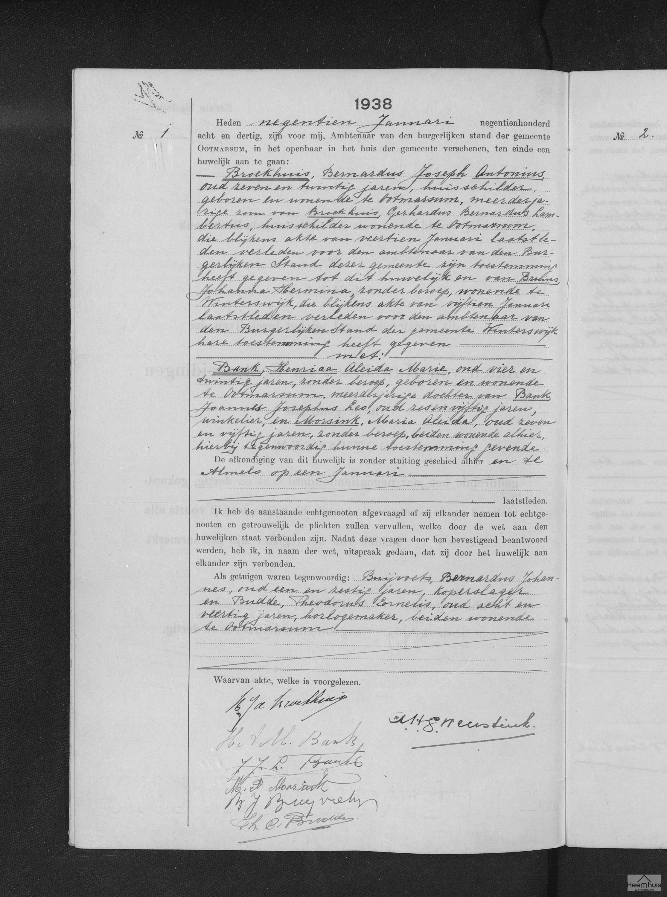 Huwelijksakte van Bernardus Joseph Antonius Broekhuis en Henrica Aleida Marie Bank