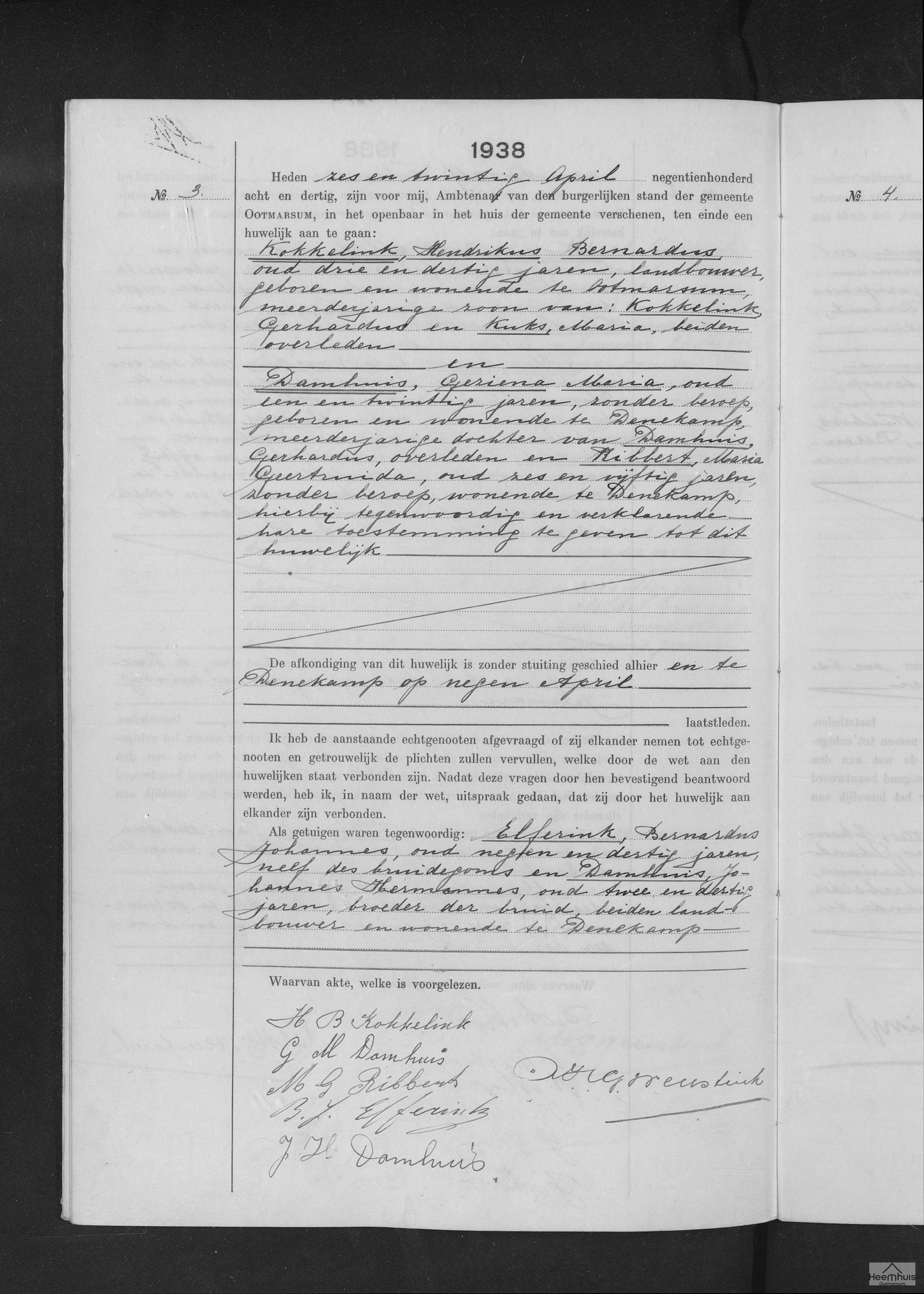 Huwelijksakte van Hendrikus Bernardus Kokkelink en Geziena Maria Damhuis