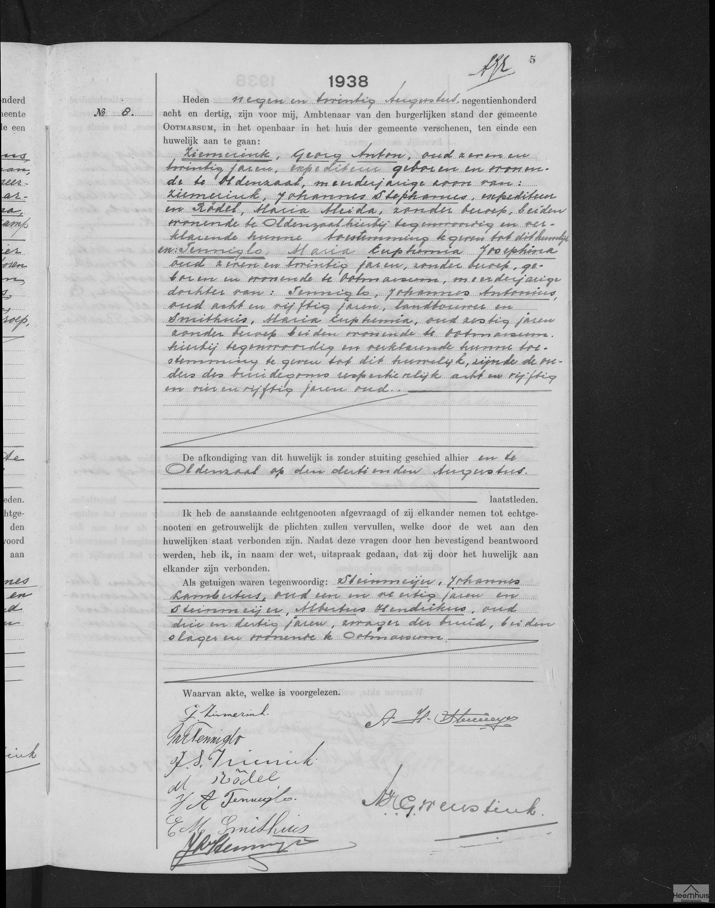Huwelijksakte van Georg Anton Ziemerink en Maria Euphemia Josephina Tenniglo