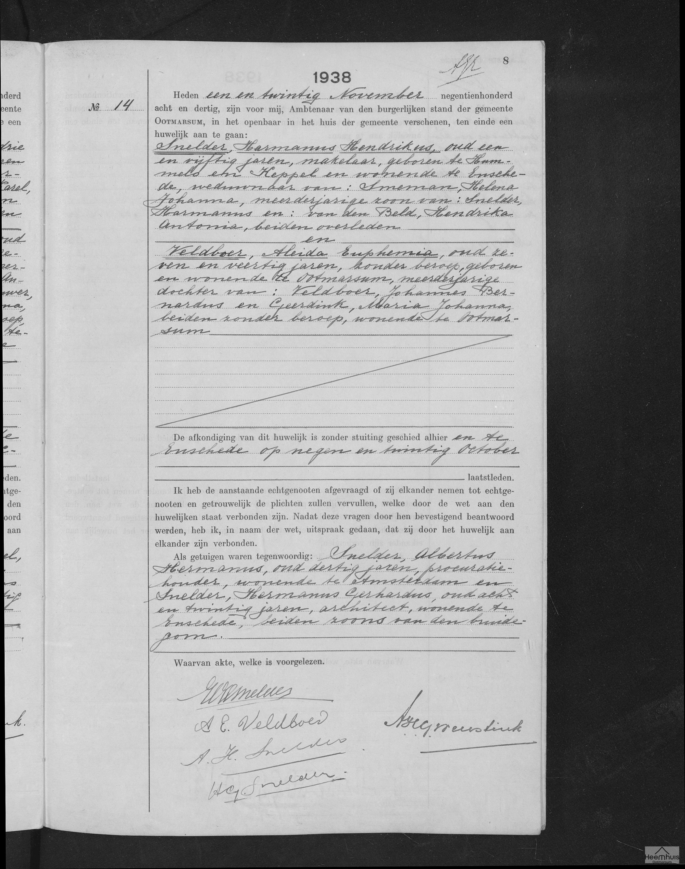 Huwelijksakte van Hermanus Hendrikus Snelder en Aleida Euphemia Veldboer