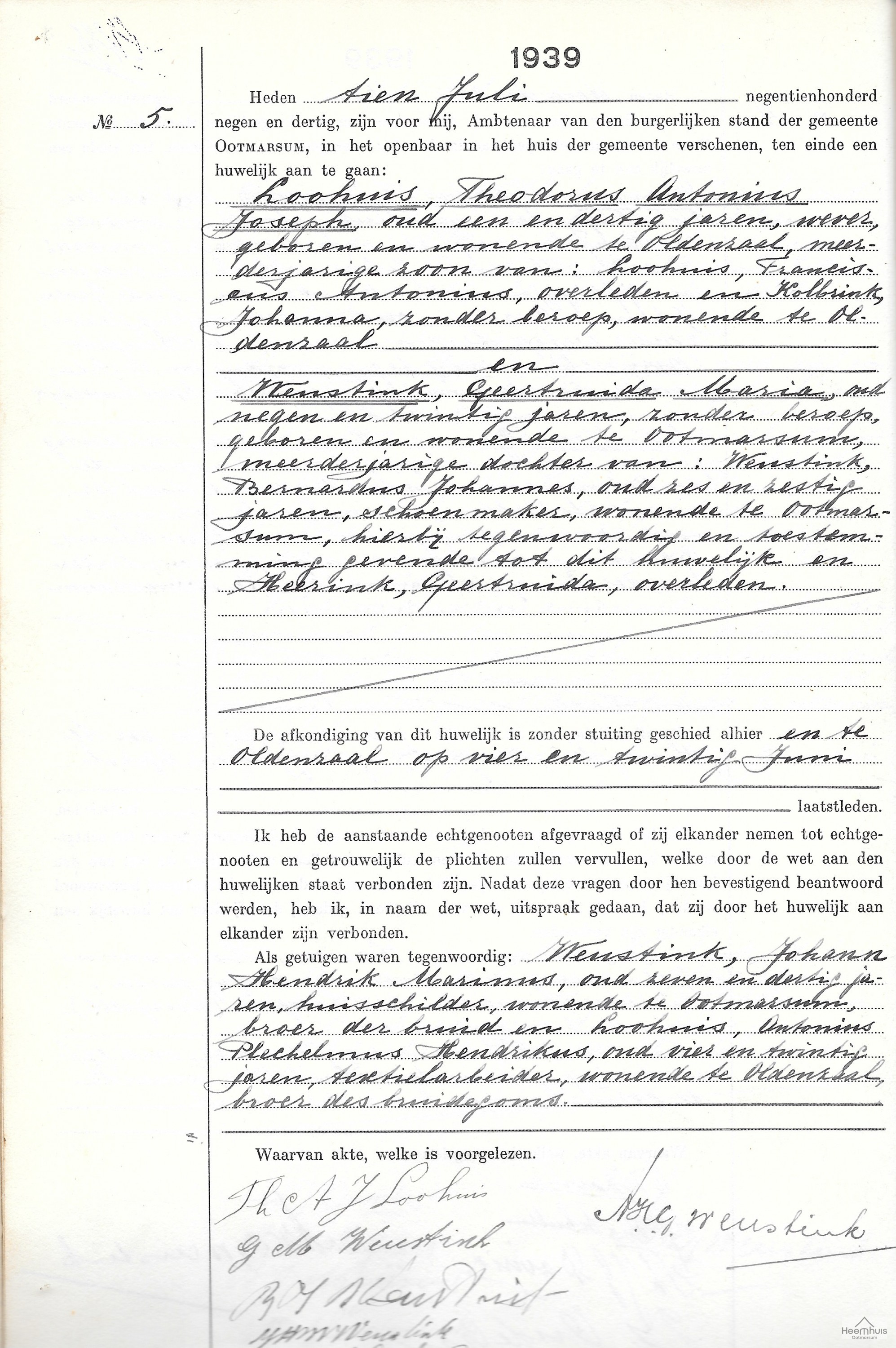 Huwelijksakte van Theodorus Antonius Loohuis en Geertruida Maria Weustink