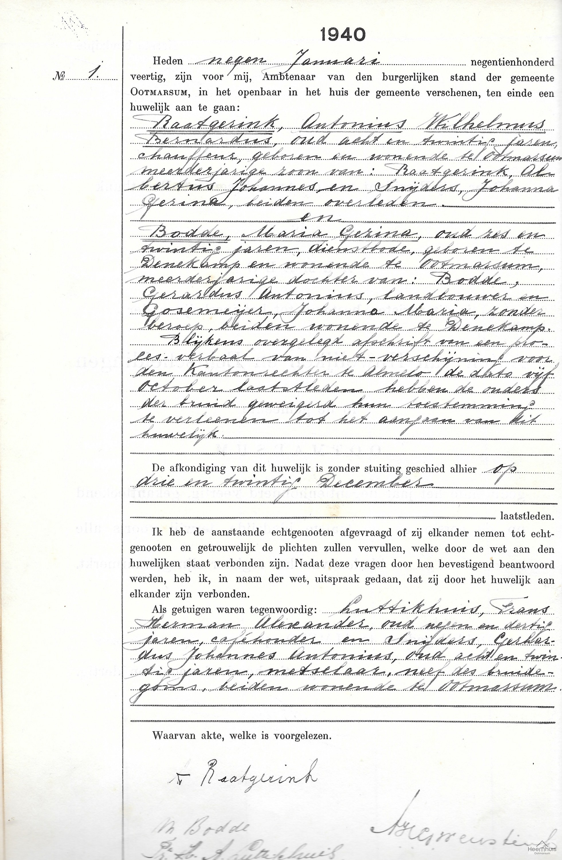 Huwelijksakte van Antonius Wilhelmus Bernardus Raatgerink en Maria Gezina Bodde