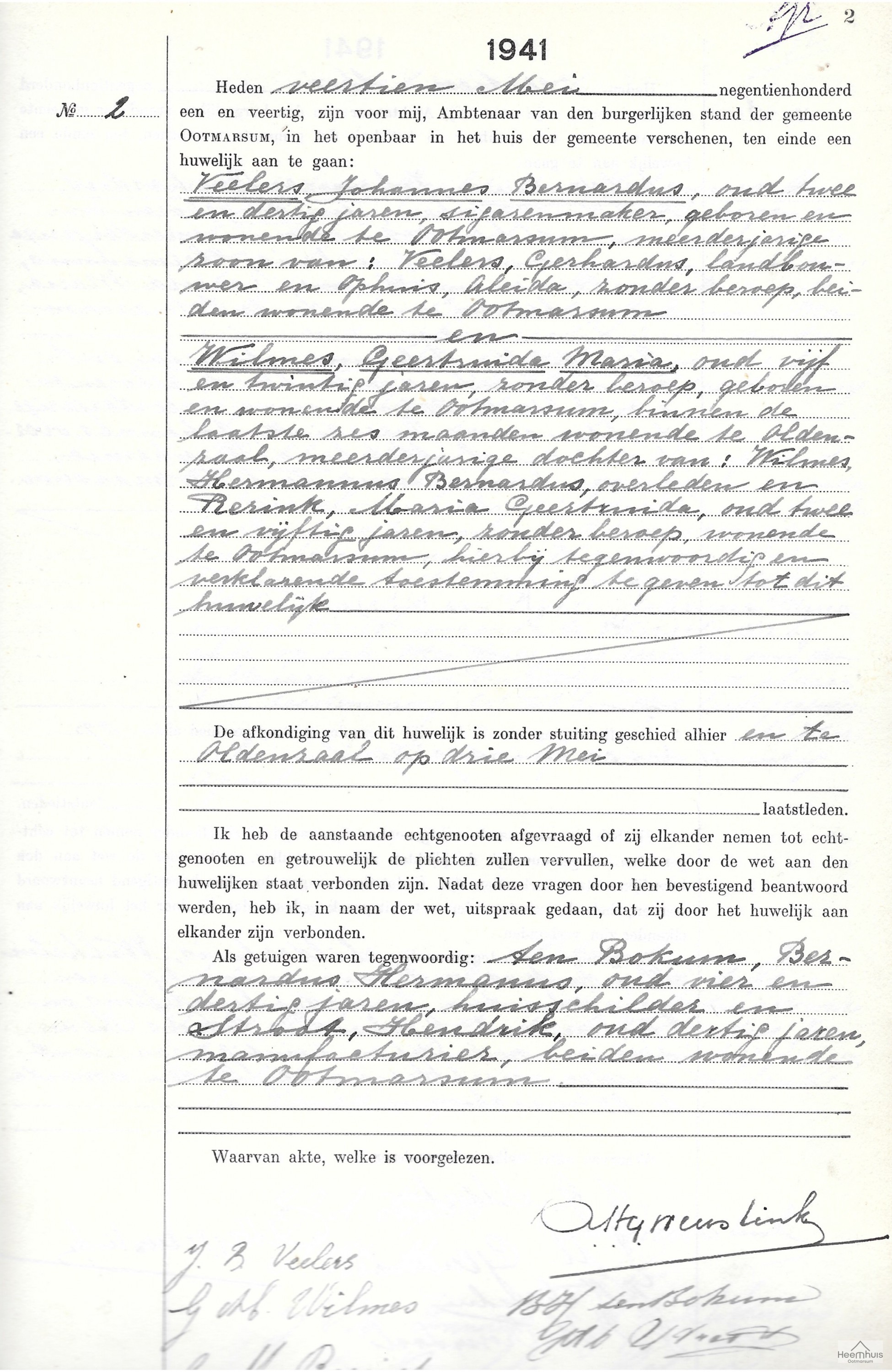 Huwelijksakte van Johannes Bernardus Veelers en Geertruida Maria Wilmes