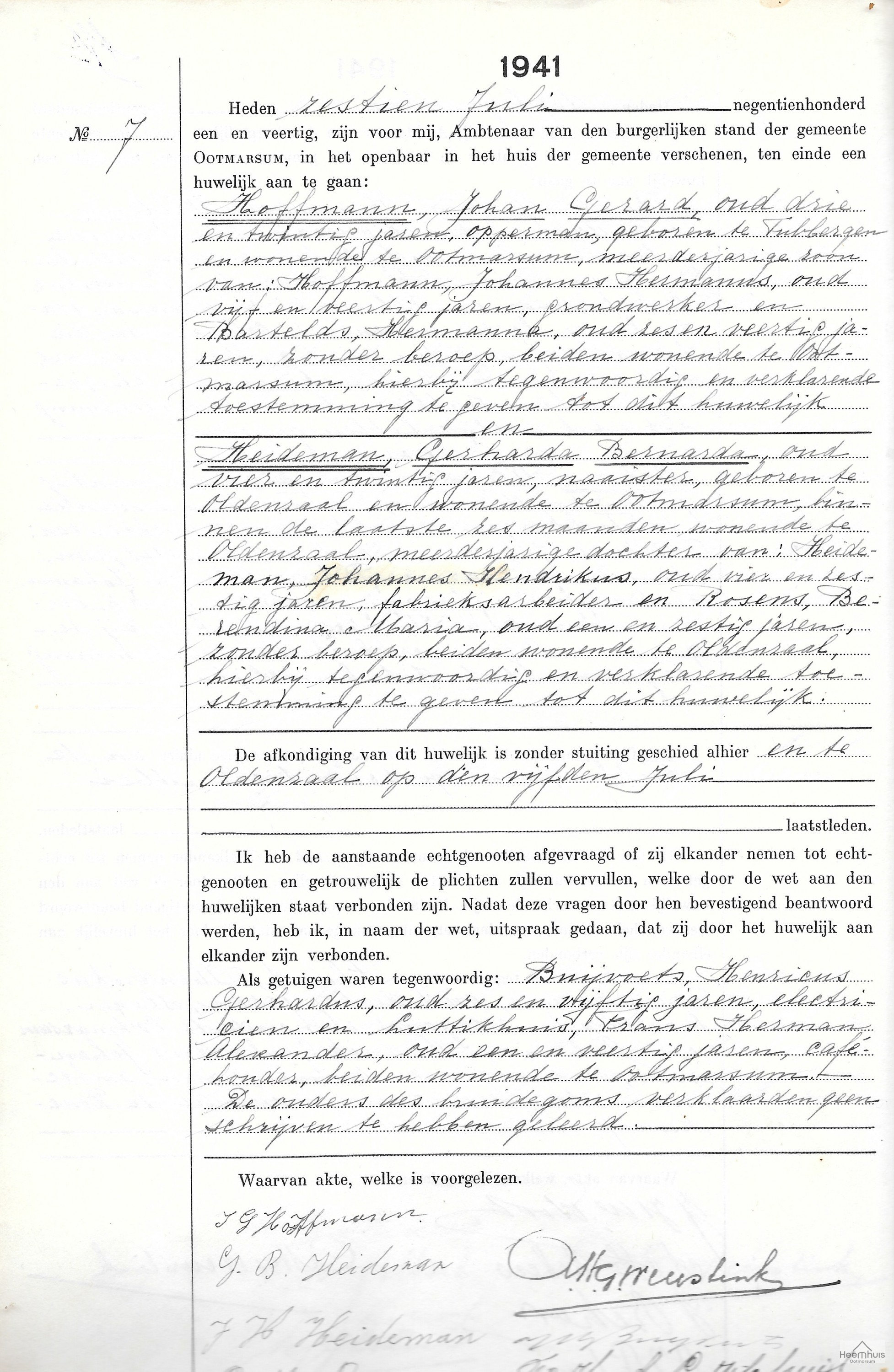 Huwelijksakte van Johan Gerard Hoffmann en Gerharda Bernarda Heideman