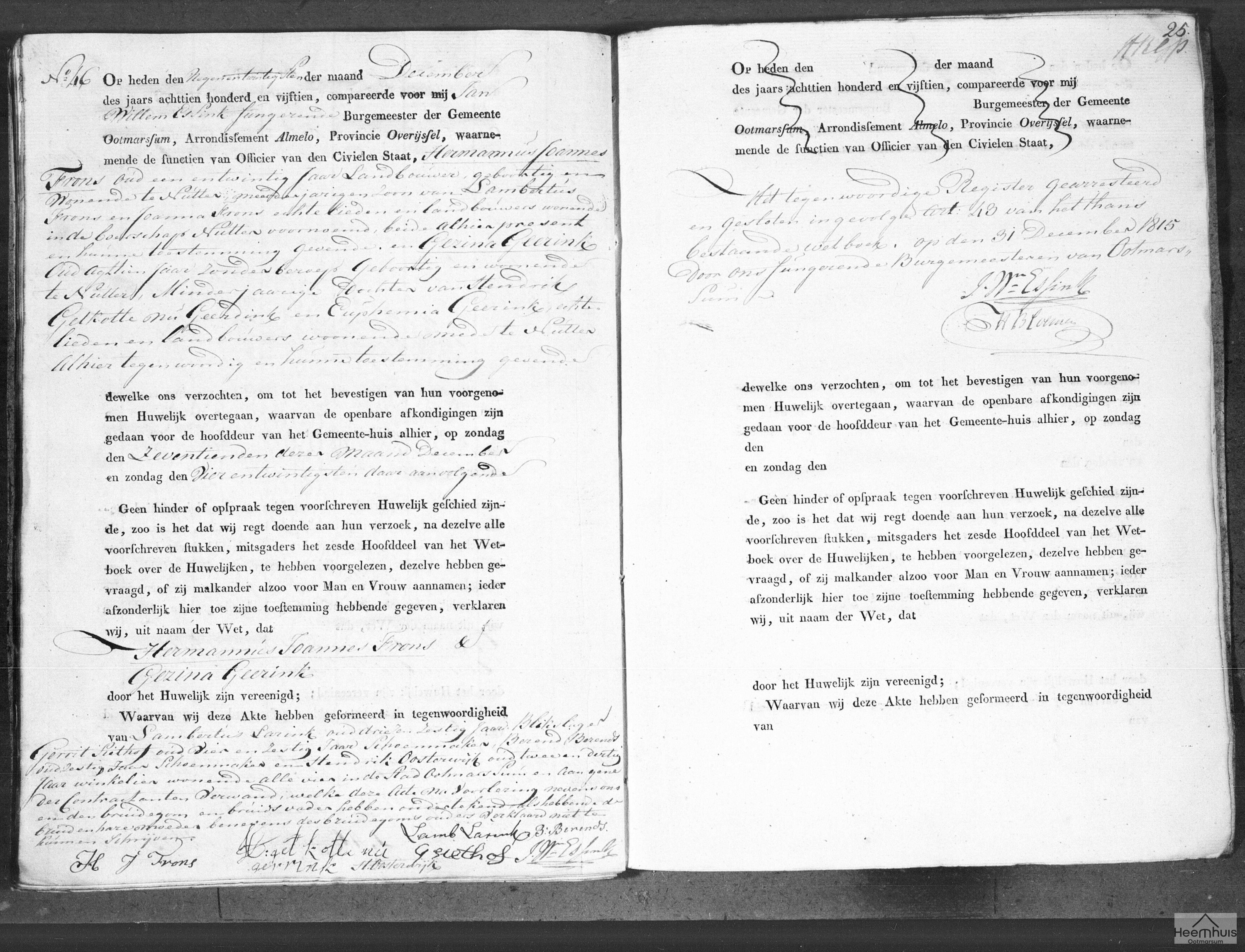 Huwelijksakte van Hermannus Joannes Frons en Gezina Geerink