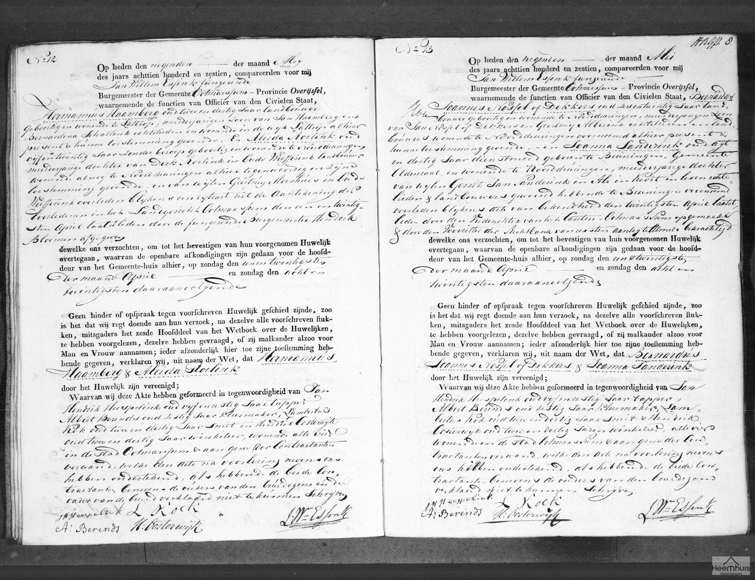 Huwelijksakte van Joannes Nossel of Dekkers en Joanna Sanderink