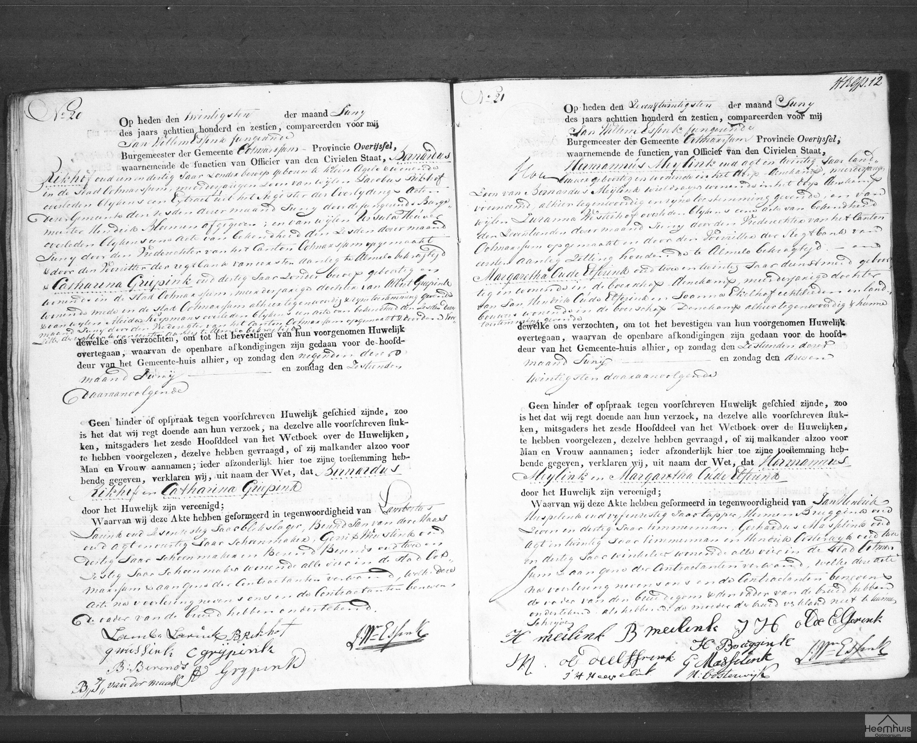 Huwelijksakte van Hermannus Meijlink en Margaretha Oude Elferink