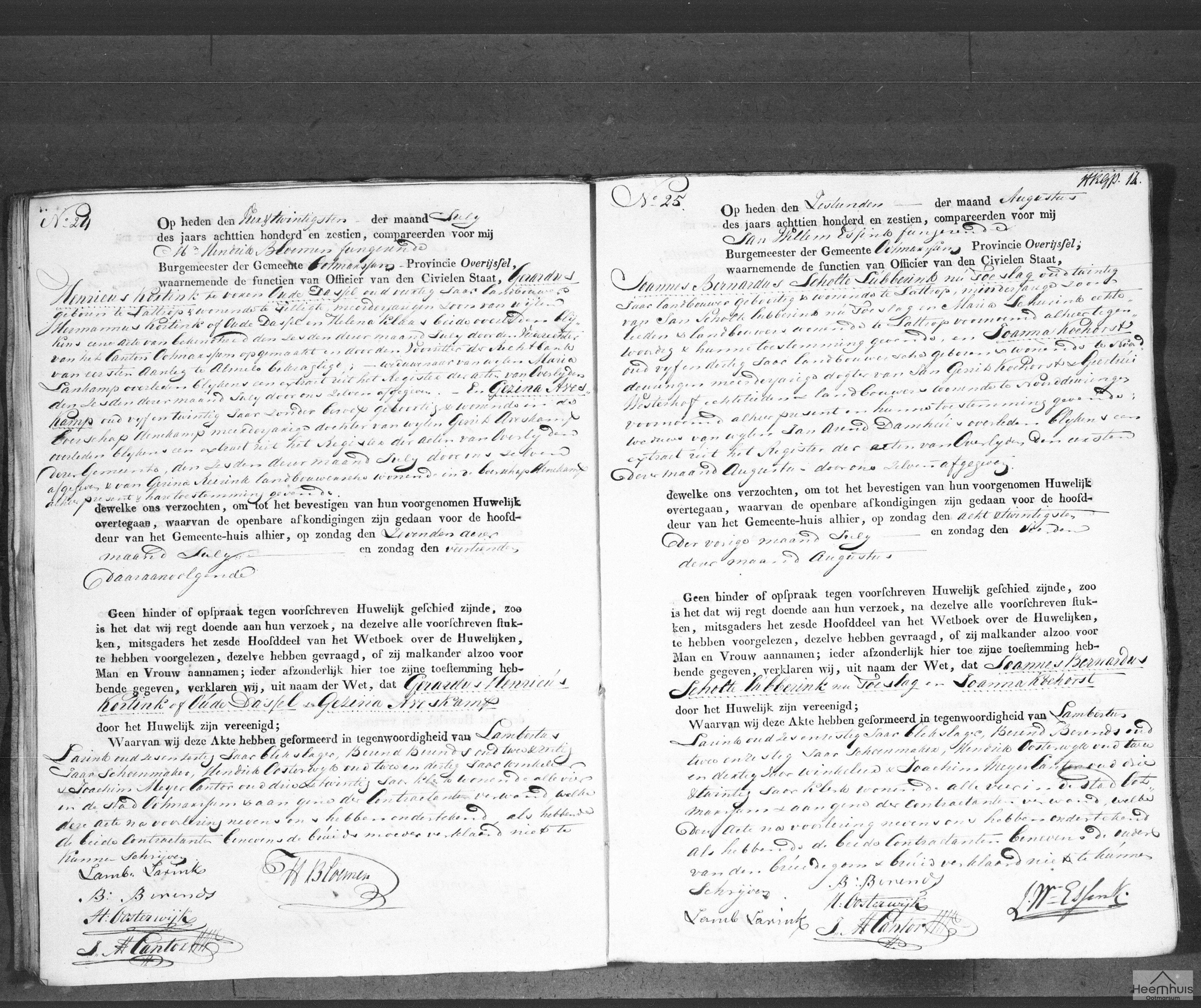 Huwelijksakte van Joannes Bernardus Scholte Lubberink nu Toeslag en Joanna Koehorst