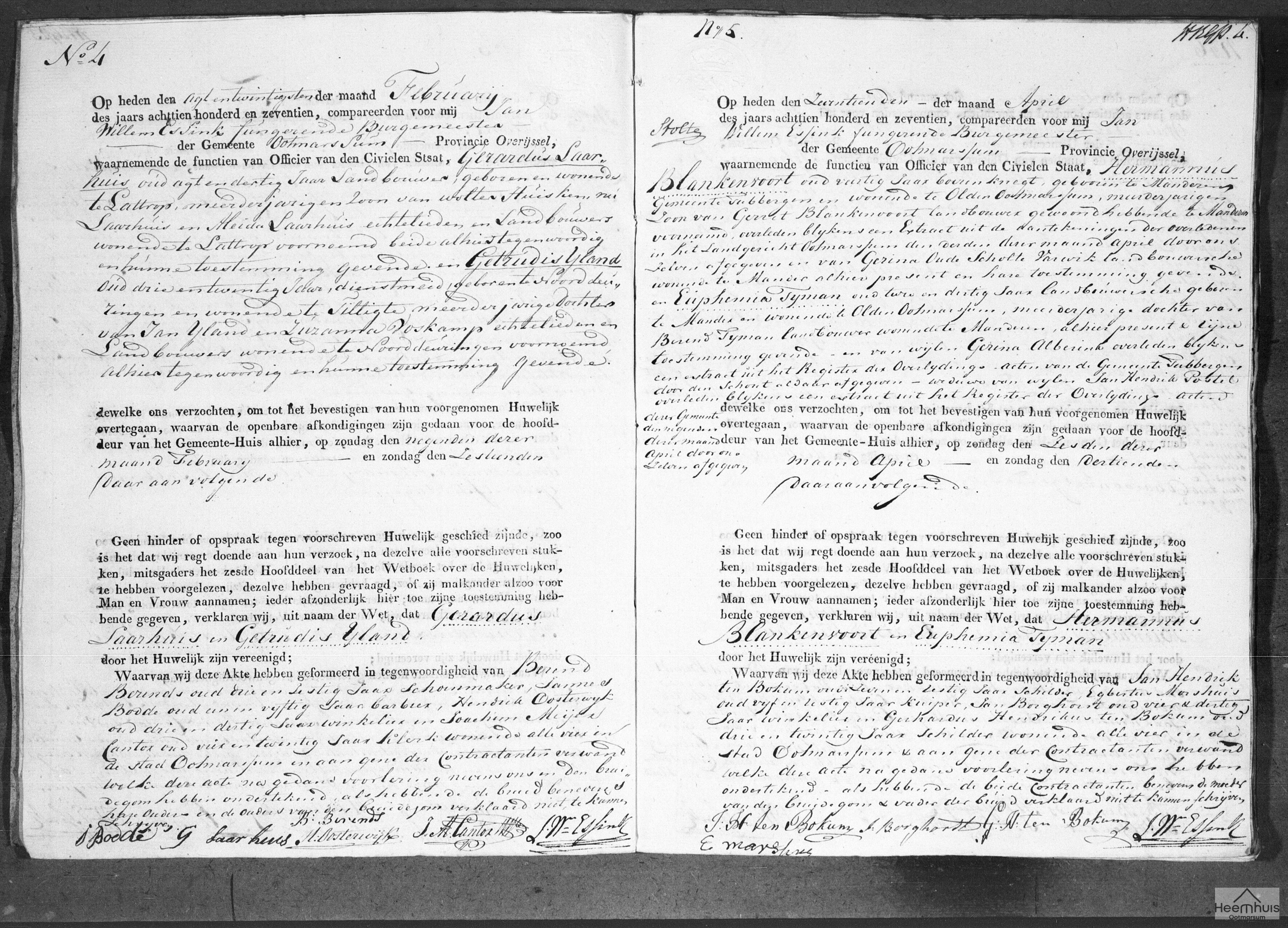 Huwelijksakte van Hermannus Blankenvoort en Euphemia Tijman