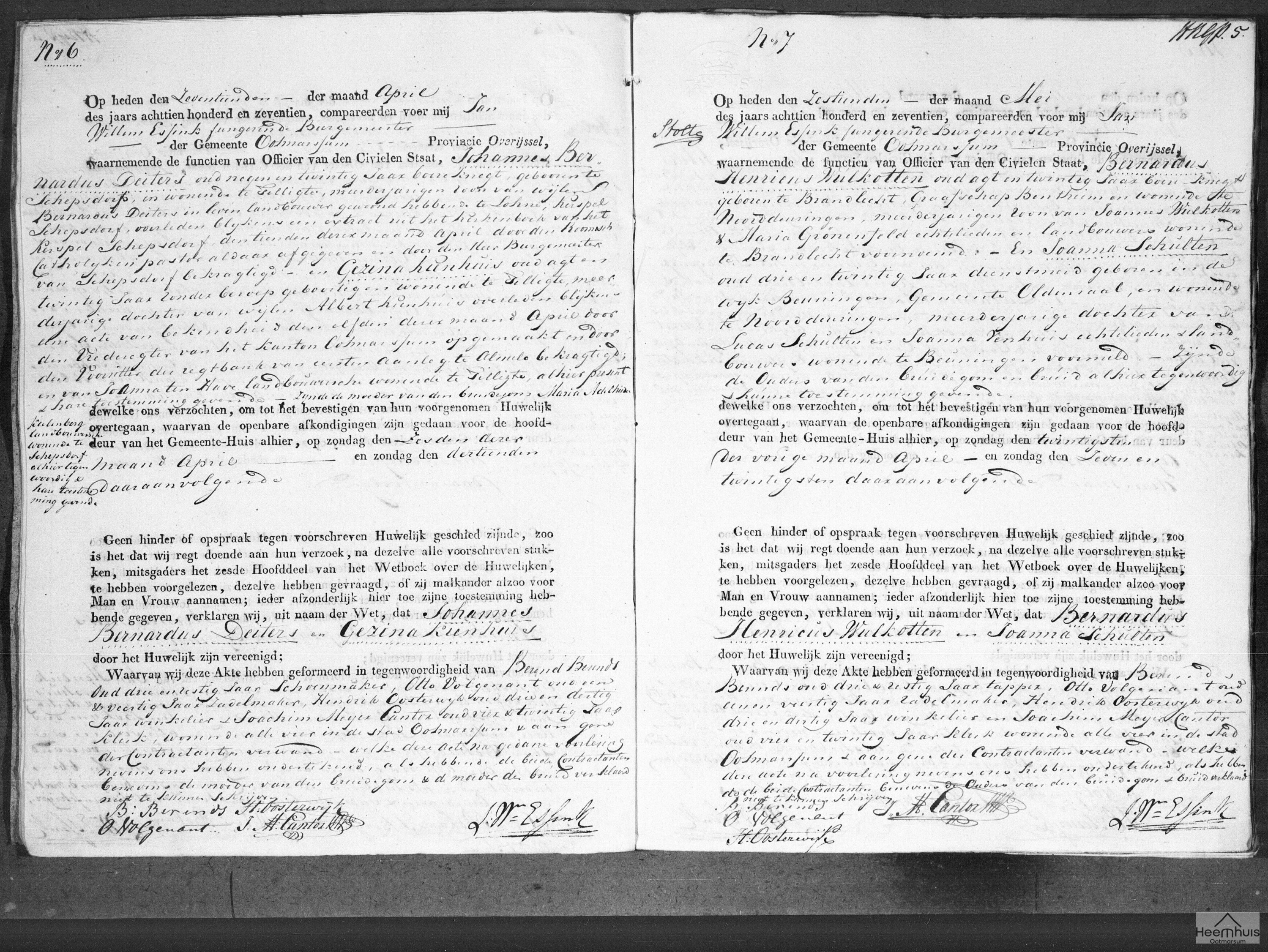 Huwelijksakte van Johannes Bernardus Deiters en Gezina Kienhuis