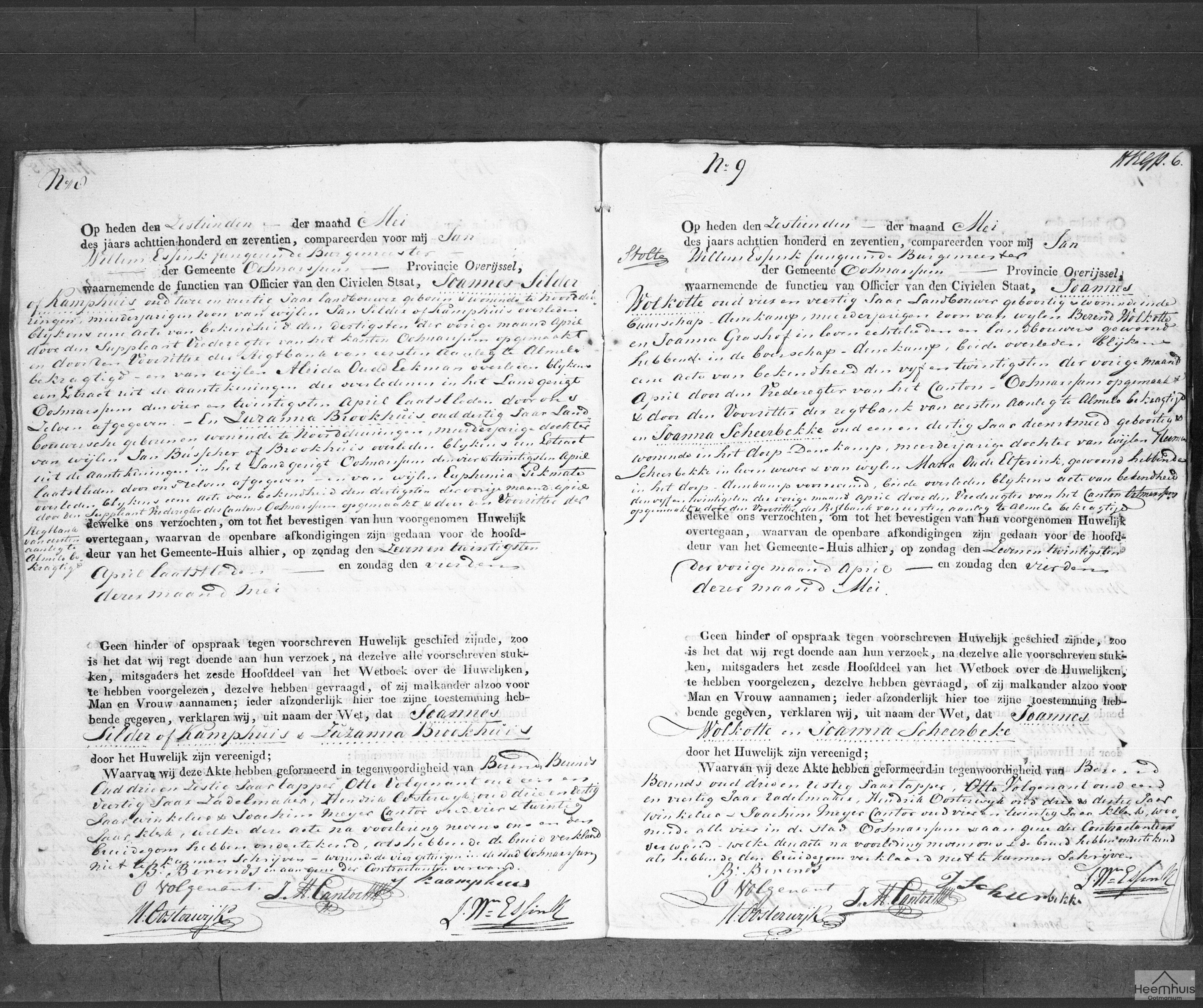 Huwelijksakte van Joannes Silder of Kamphuis en Zuzanna Brookhuis