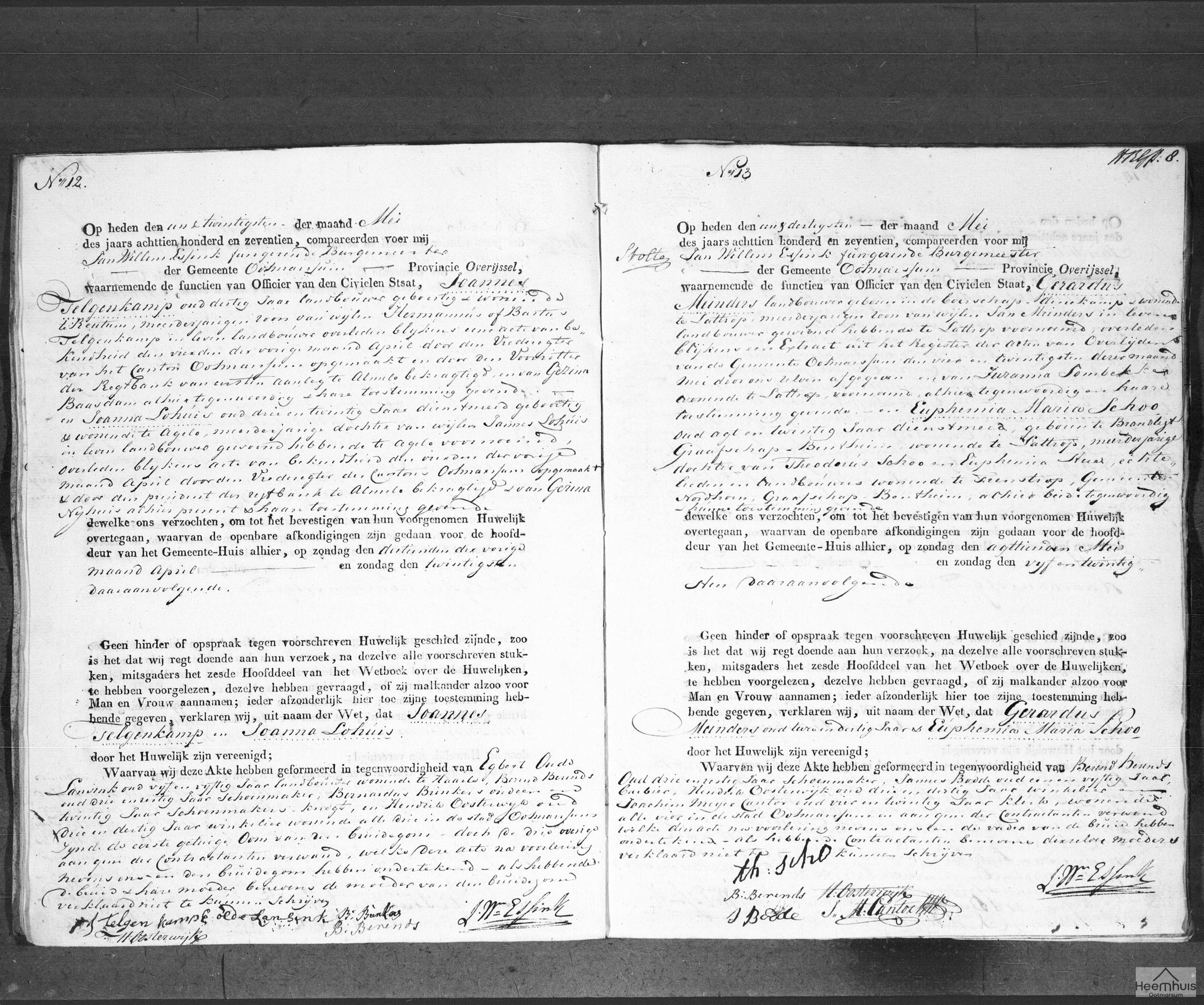 Huwelijksakte van Gerardus Meinders en Euphemia Maria Schoo