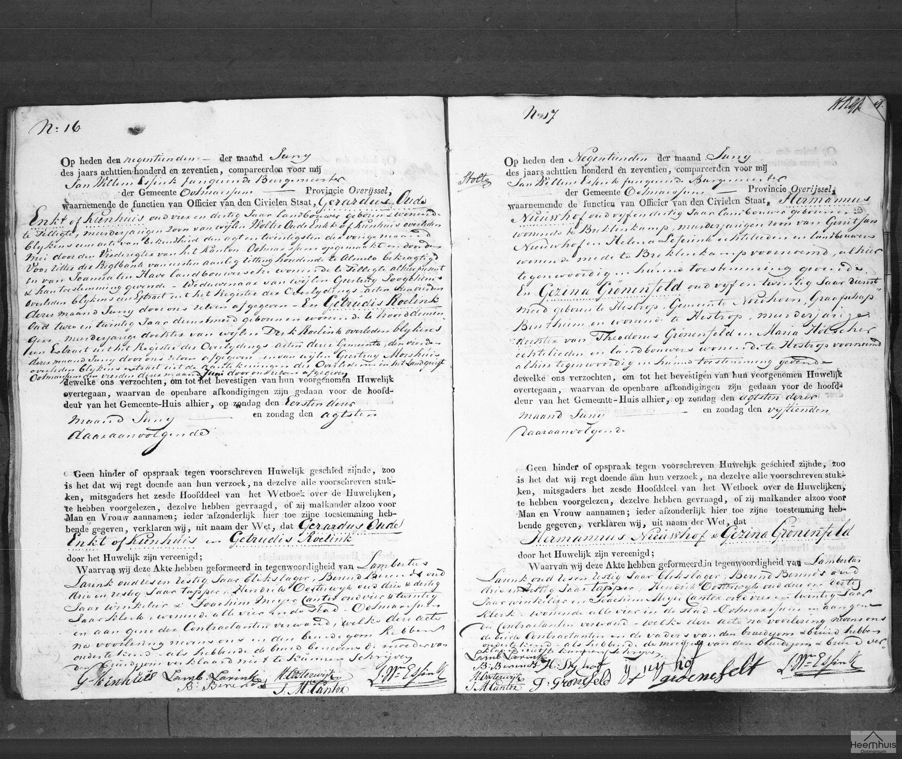 Huwelijksakte van Hermannus Nieuwhof en Gezina Grönenfeld