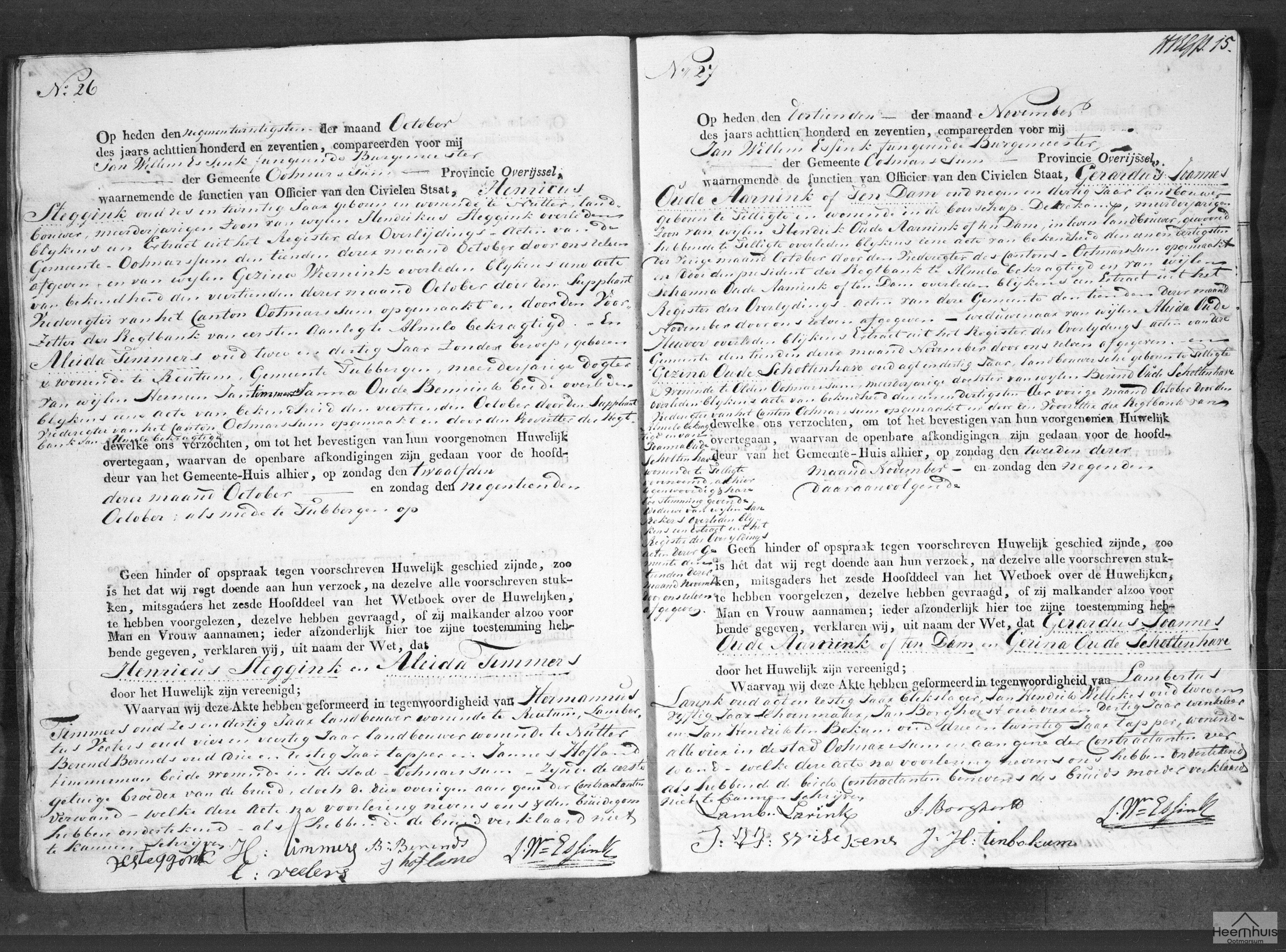 Huwelijksakte van Gerardus Joannes Oude Aarnink of Ten Dam en Gezina Oude Scholtenhave