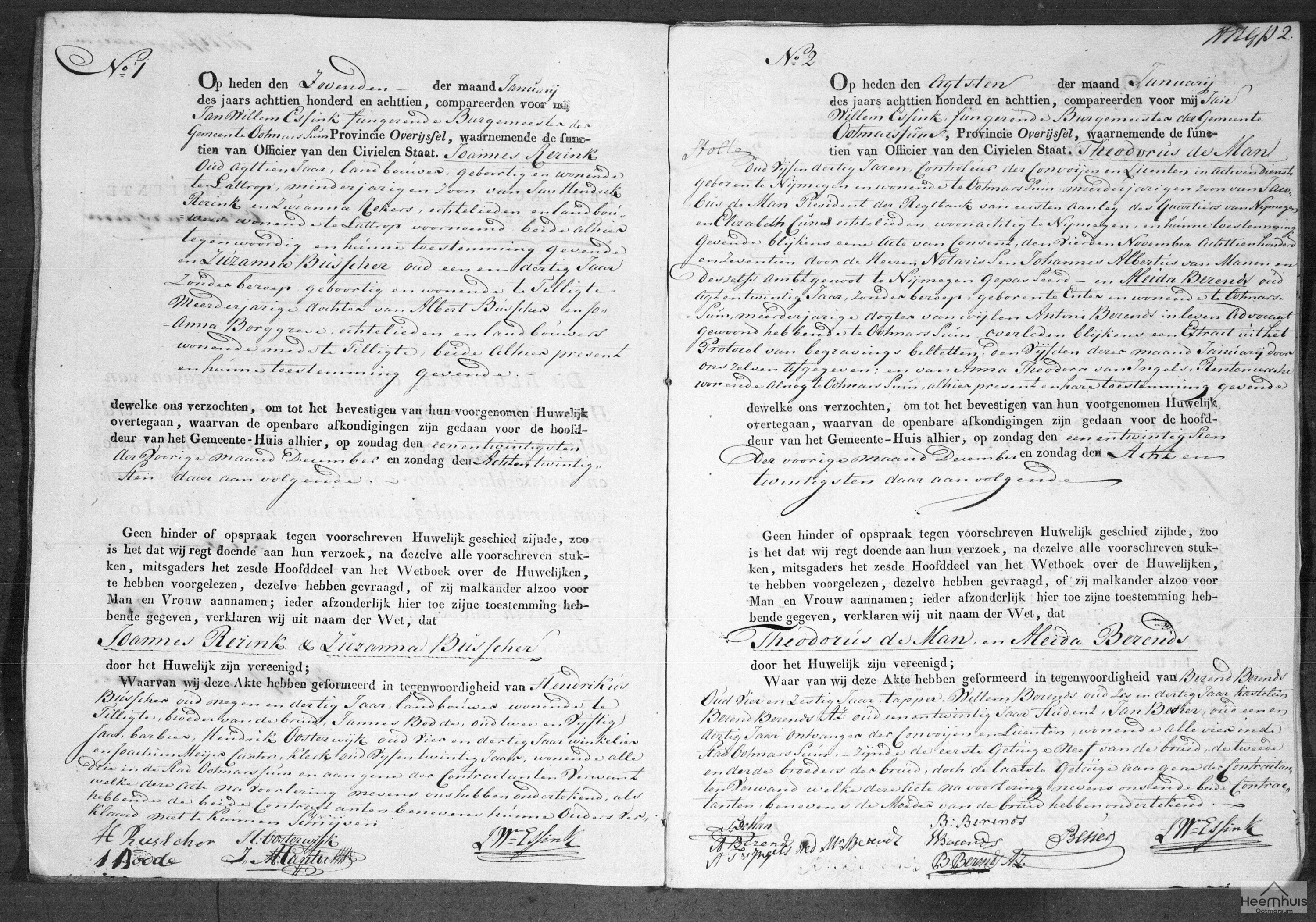 Huwelijksakte van Theodorus de Man en Aleida Berends