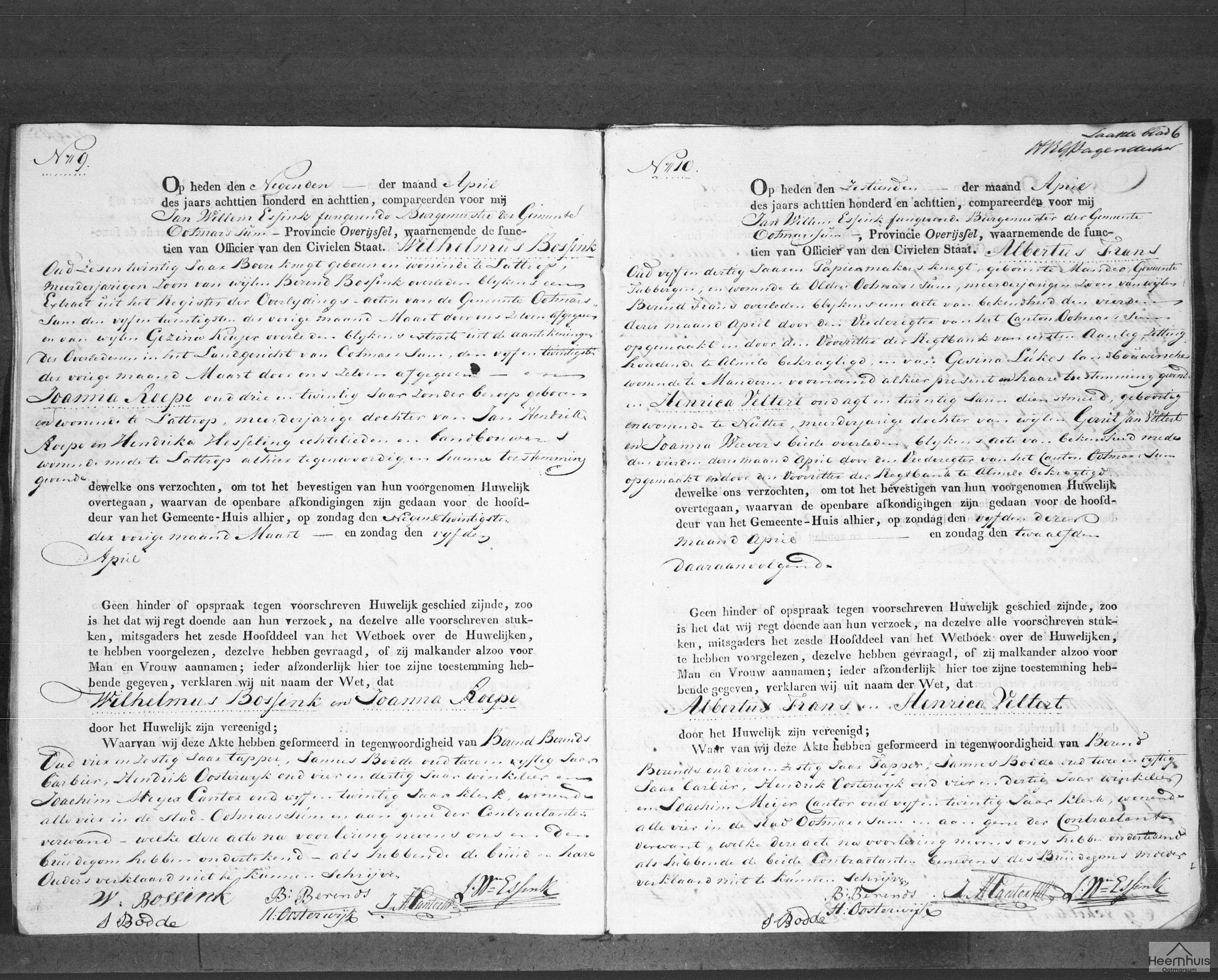 Huwelijksakte van Albertus Frans en Henrica Veltert