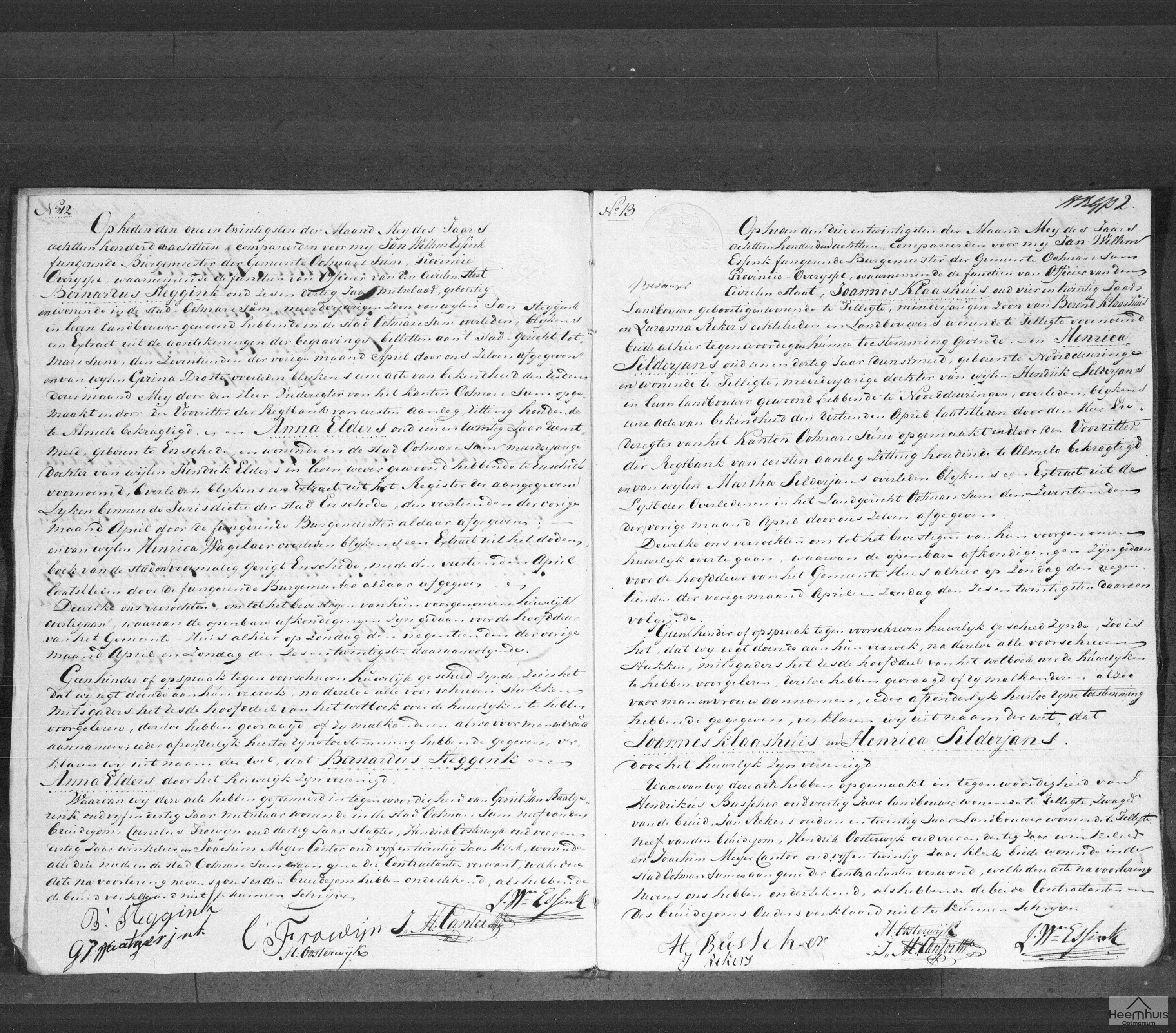 Huwelijksakte van Joannes Klaashuis en Henrica Silderjans