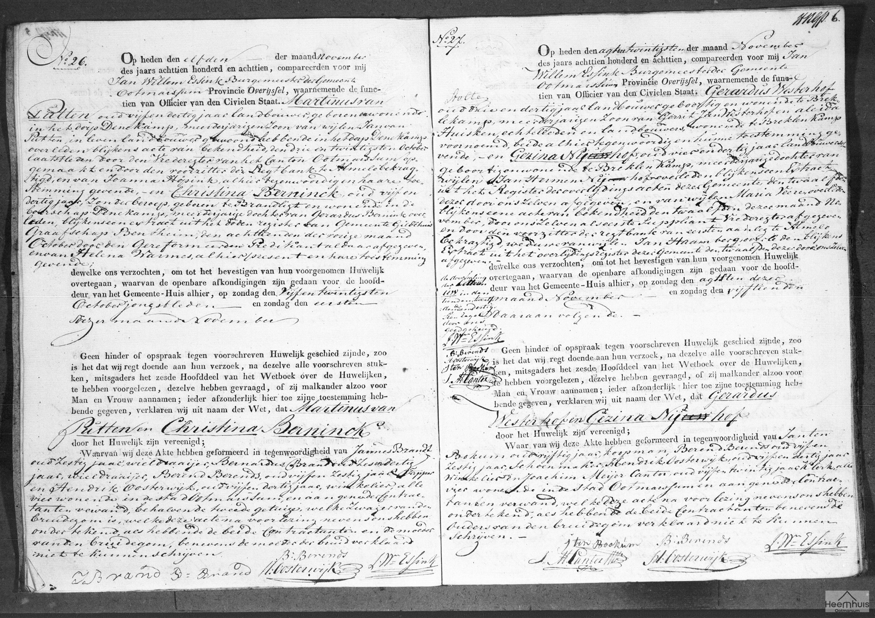 Huwelijksakte van Martinus van Putten en Christina Berninck