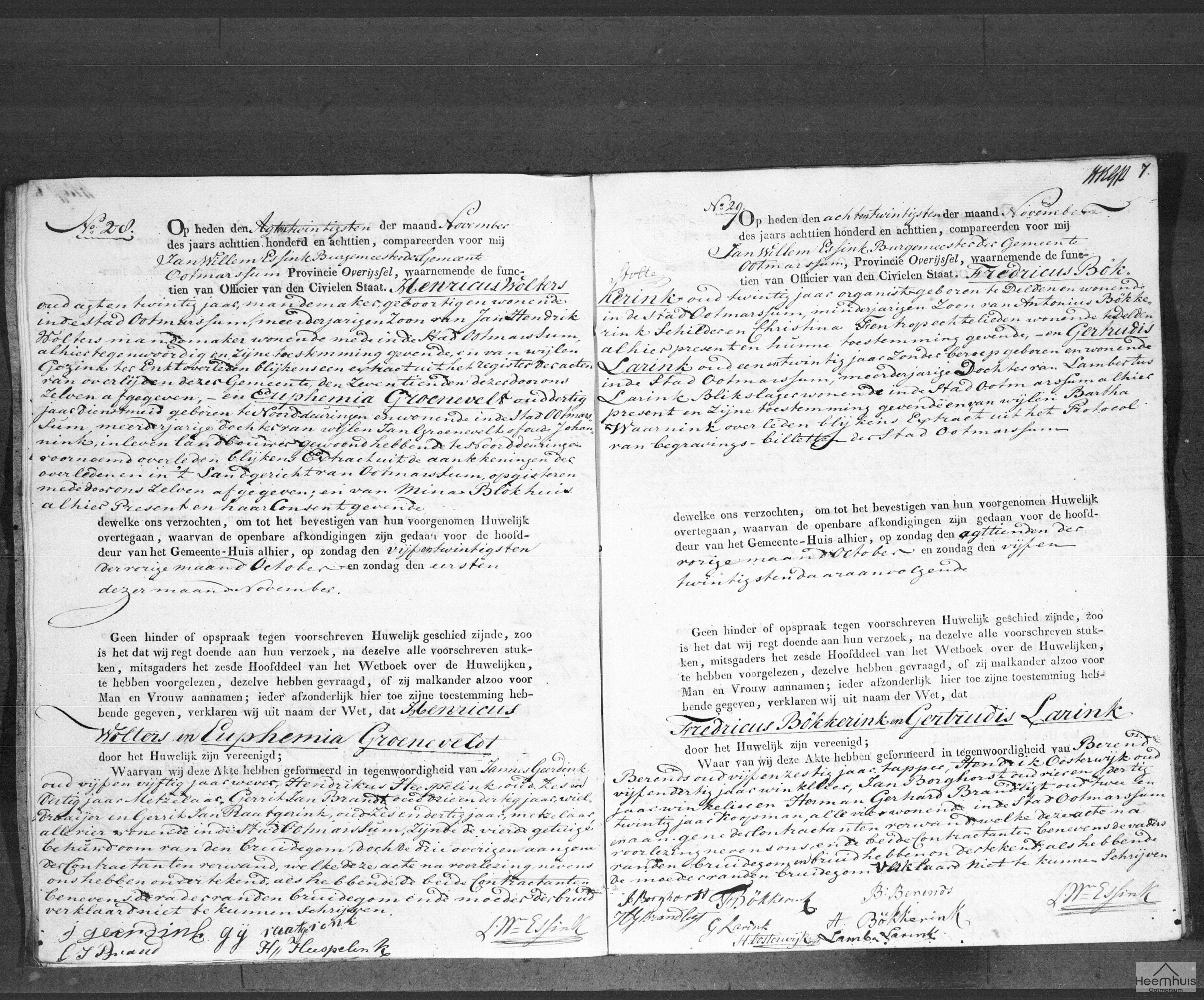 Huwelijksakte van Fredricus Bökkerink en Gertrudis Larink