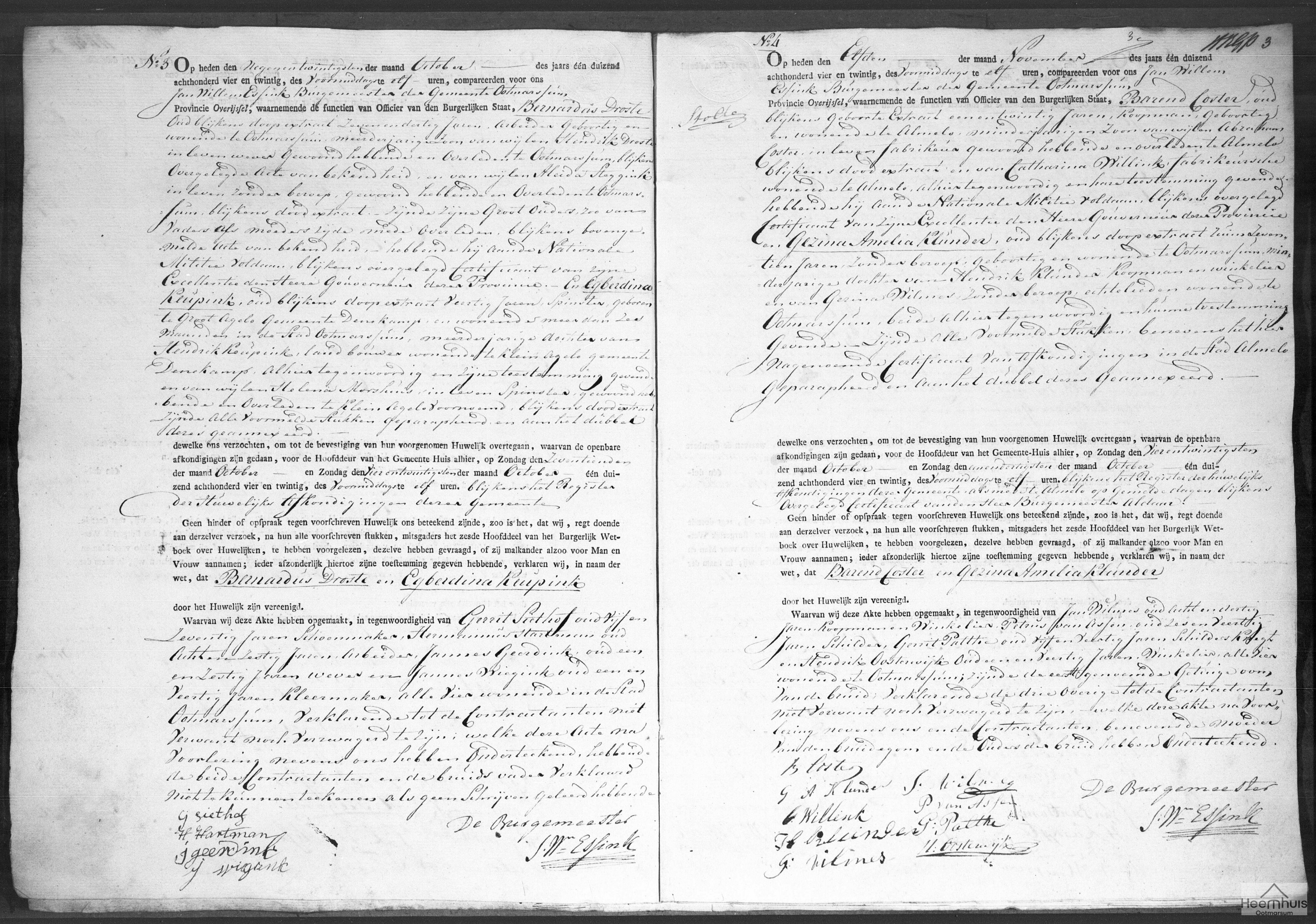Huwelijksakte van Barend Coster en Gezina Amelia Klunder