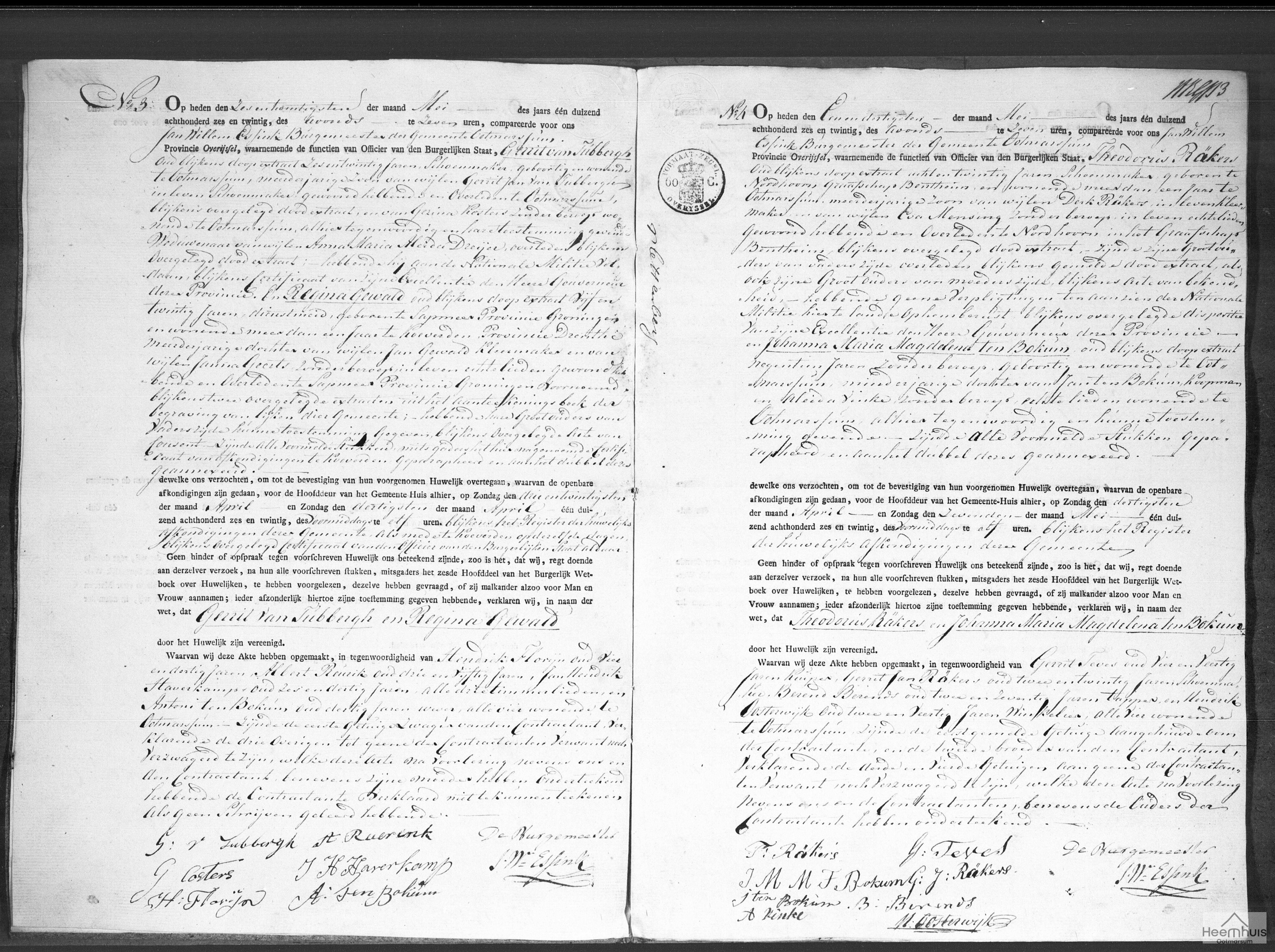 Huwelijksakte van Theodorus Räkers en Johanna Maria Magdalena ten Bokum