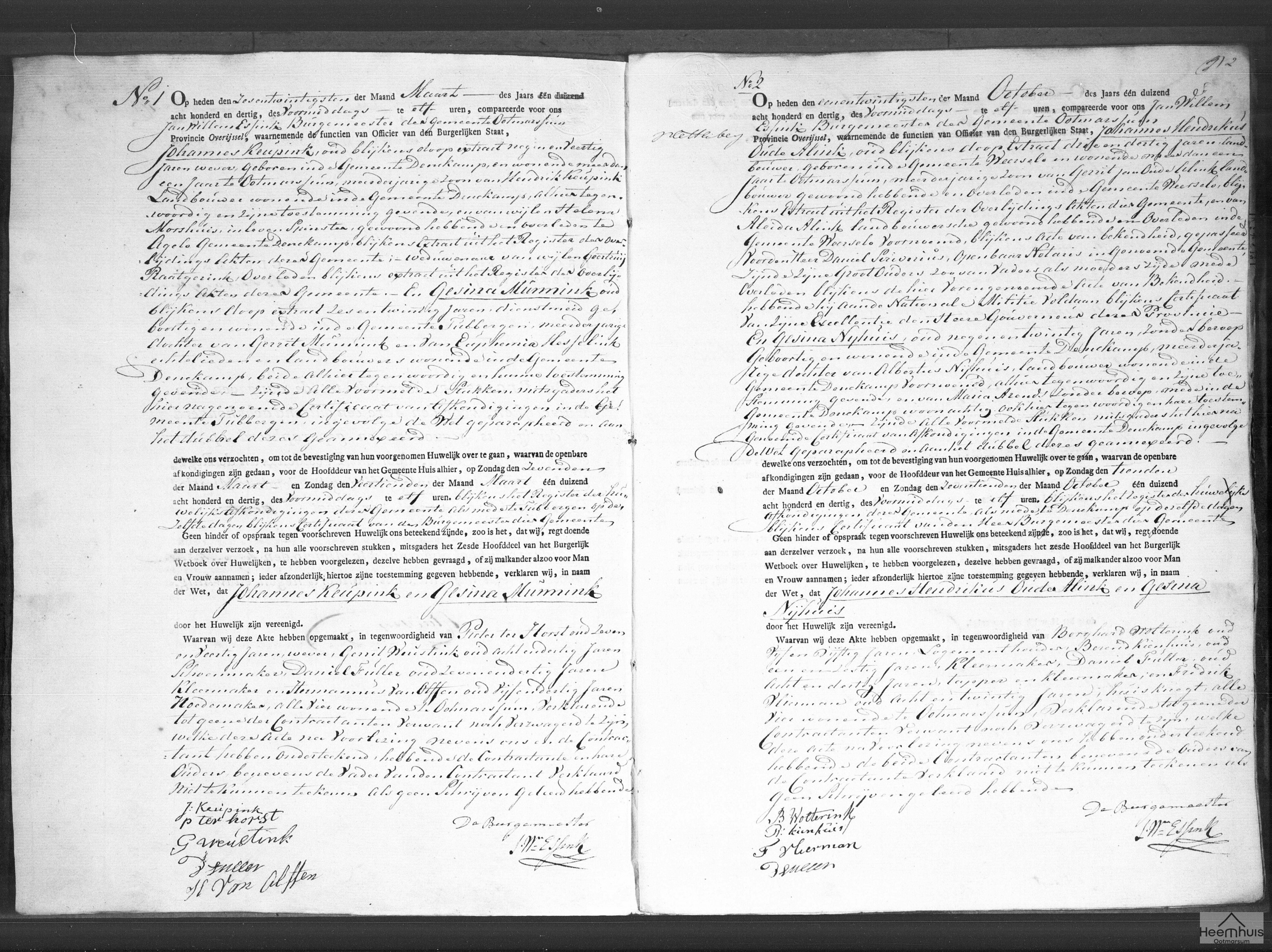 Huwelijksakte van Johannes Hendrikus Oude Alink en Gesina Nijhuis