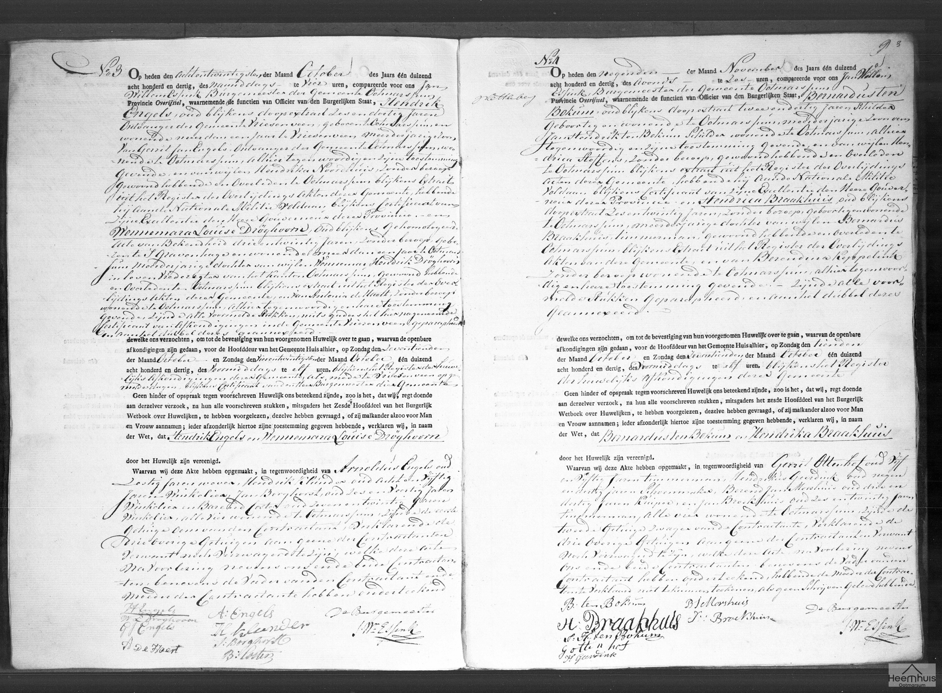 Huwelijksakte van Bernardus ten Bokum en Hendrica Braakhuis