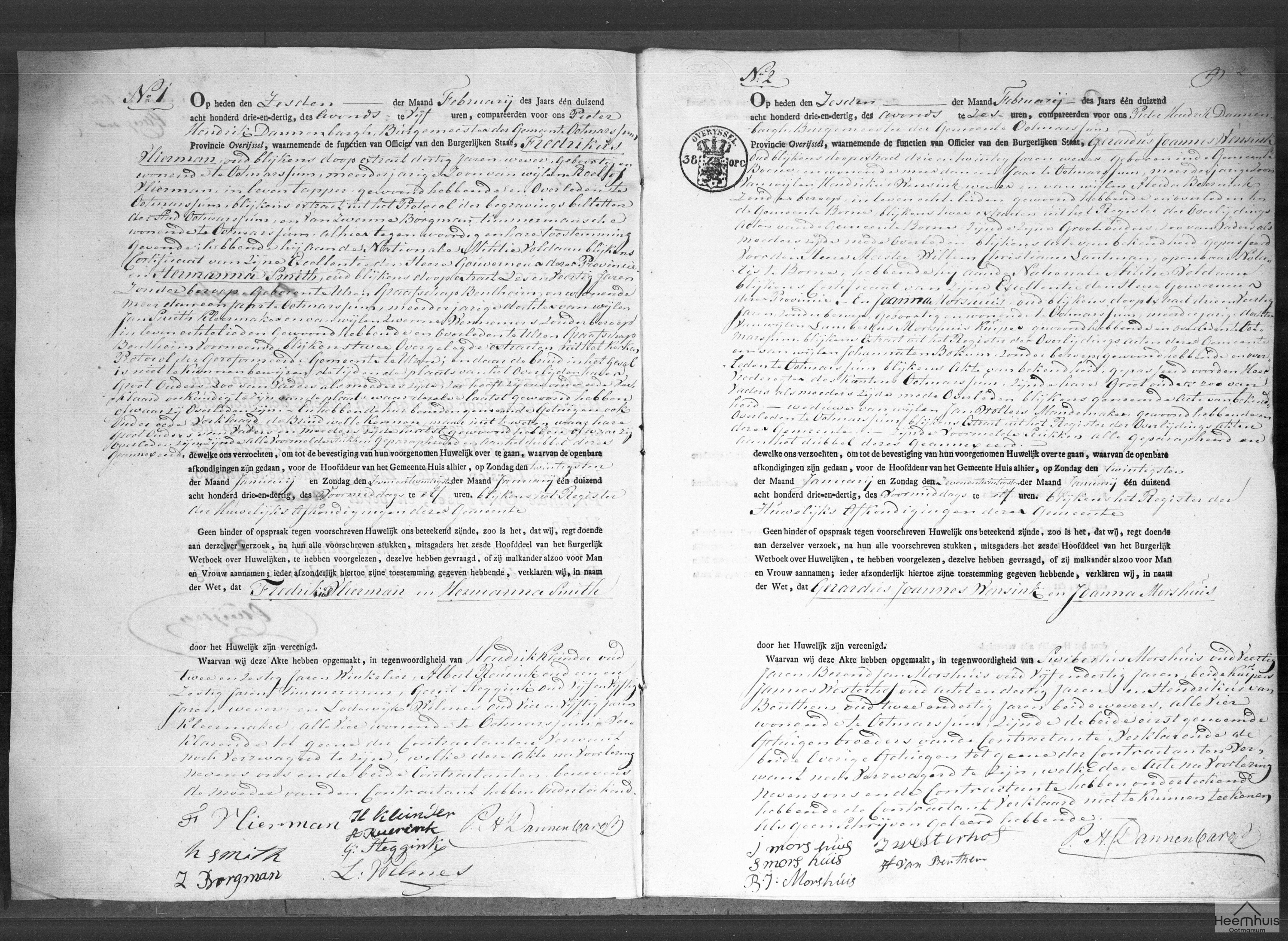 Huwelijksakte van Gerardus Joannes Wensink en Joanna Morshuis