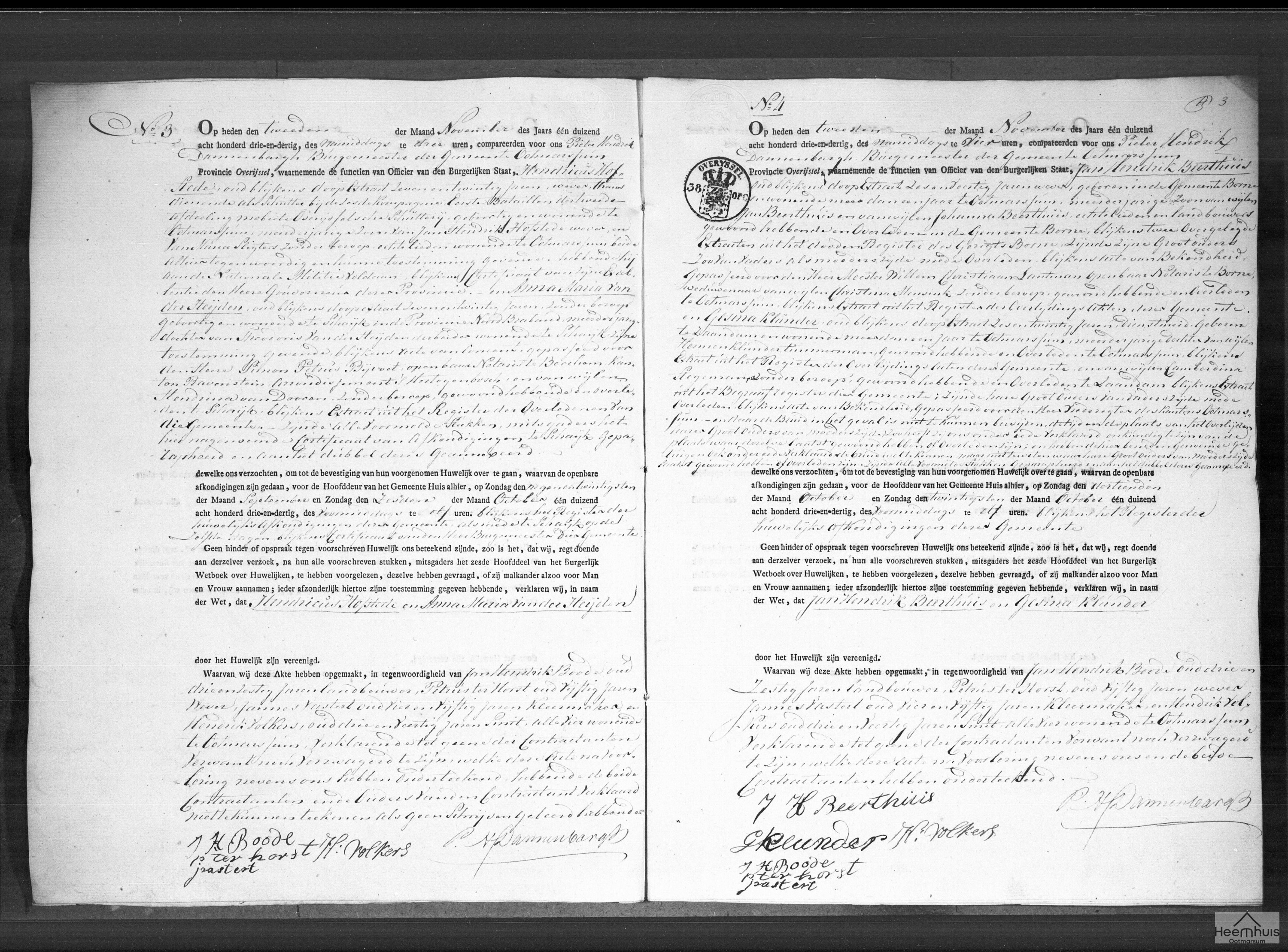 Huwelijksakte van Jan Hendrik Beerthuis en Gesina Klunder