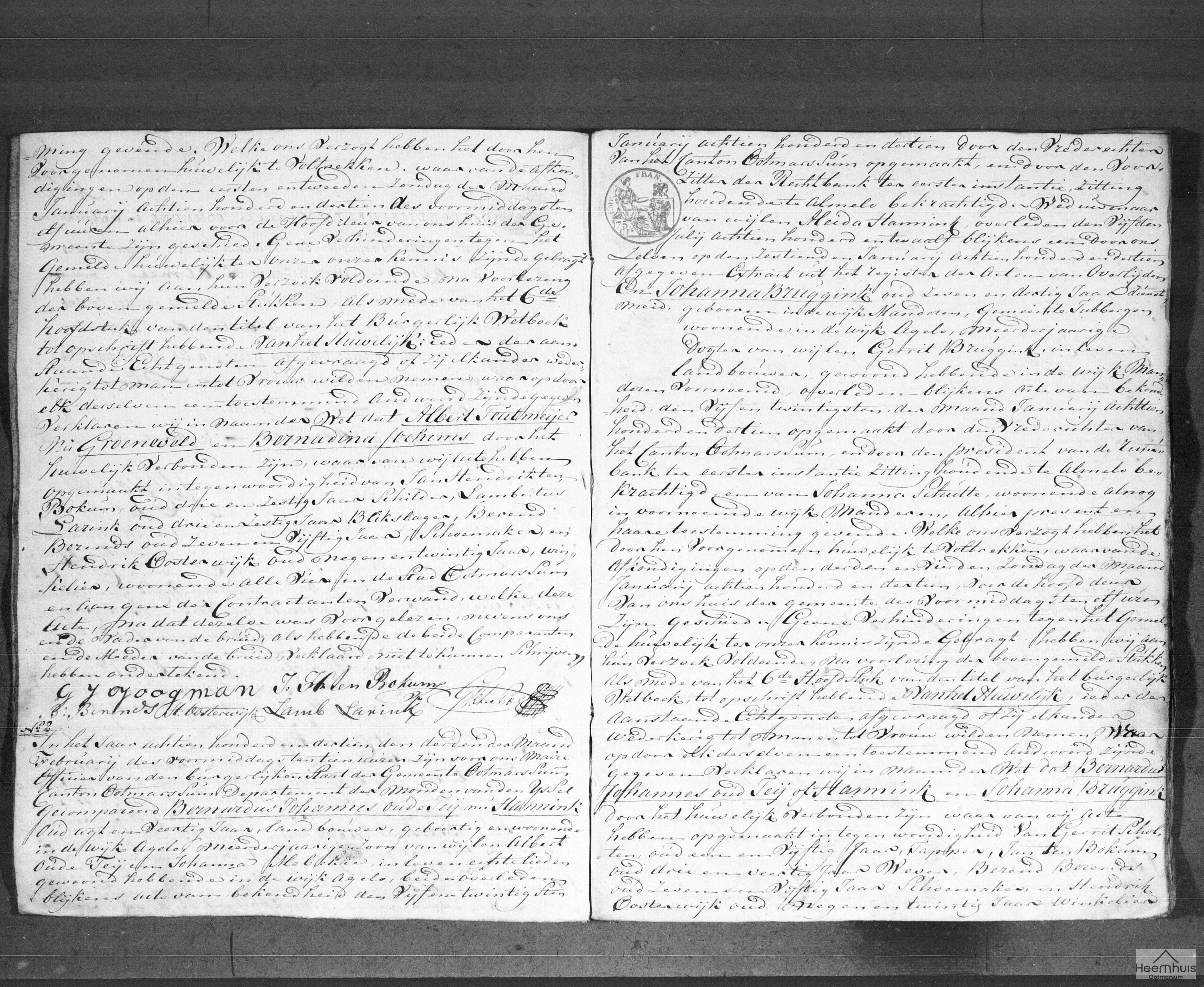 Huwelijksakte van Bernardus Johannes Oude Teij nu Hannink en Johanna Bruggink