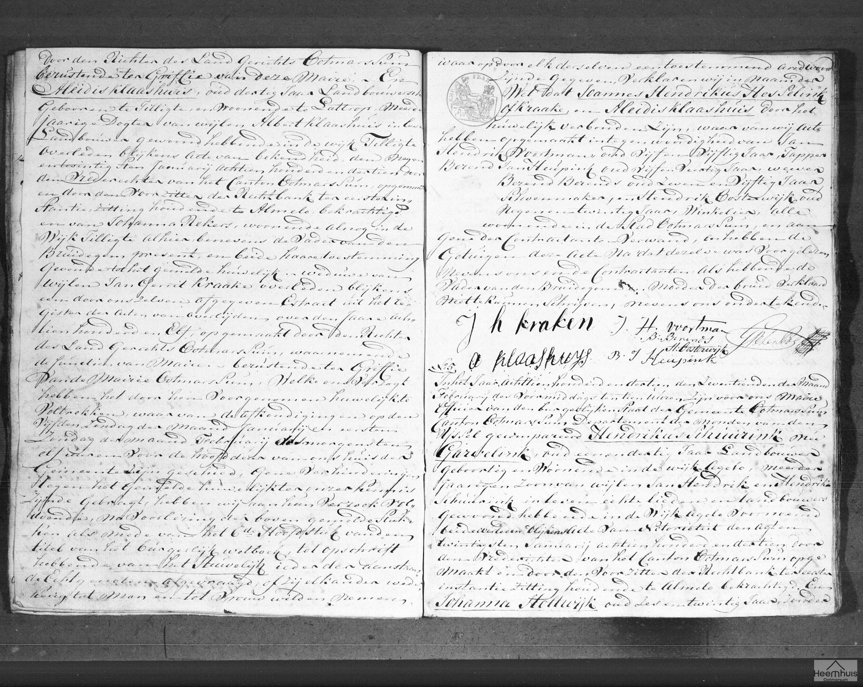 Huwelijksakte van Hendrikus Schuurink nu Garvelink en Johanna Holtwijk