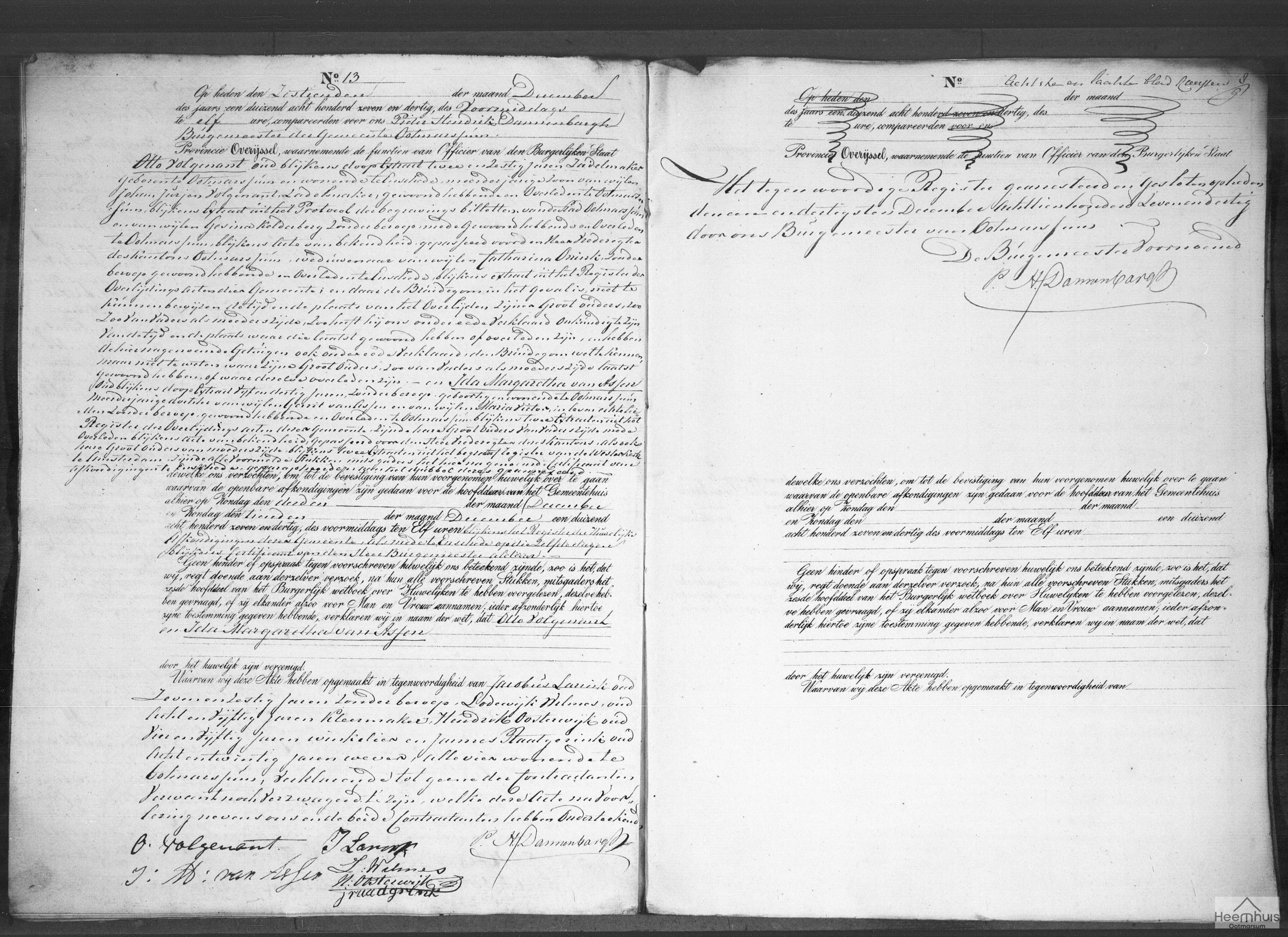 Huwelijksakte van Otto Volgenant en Ida Margaretha van Assen