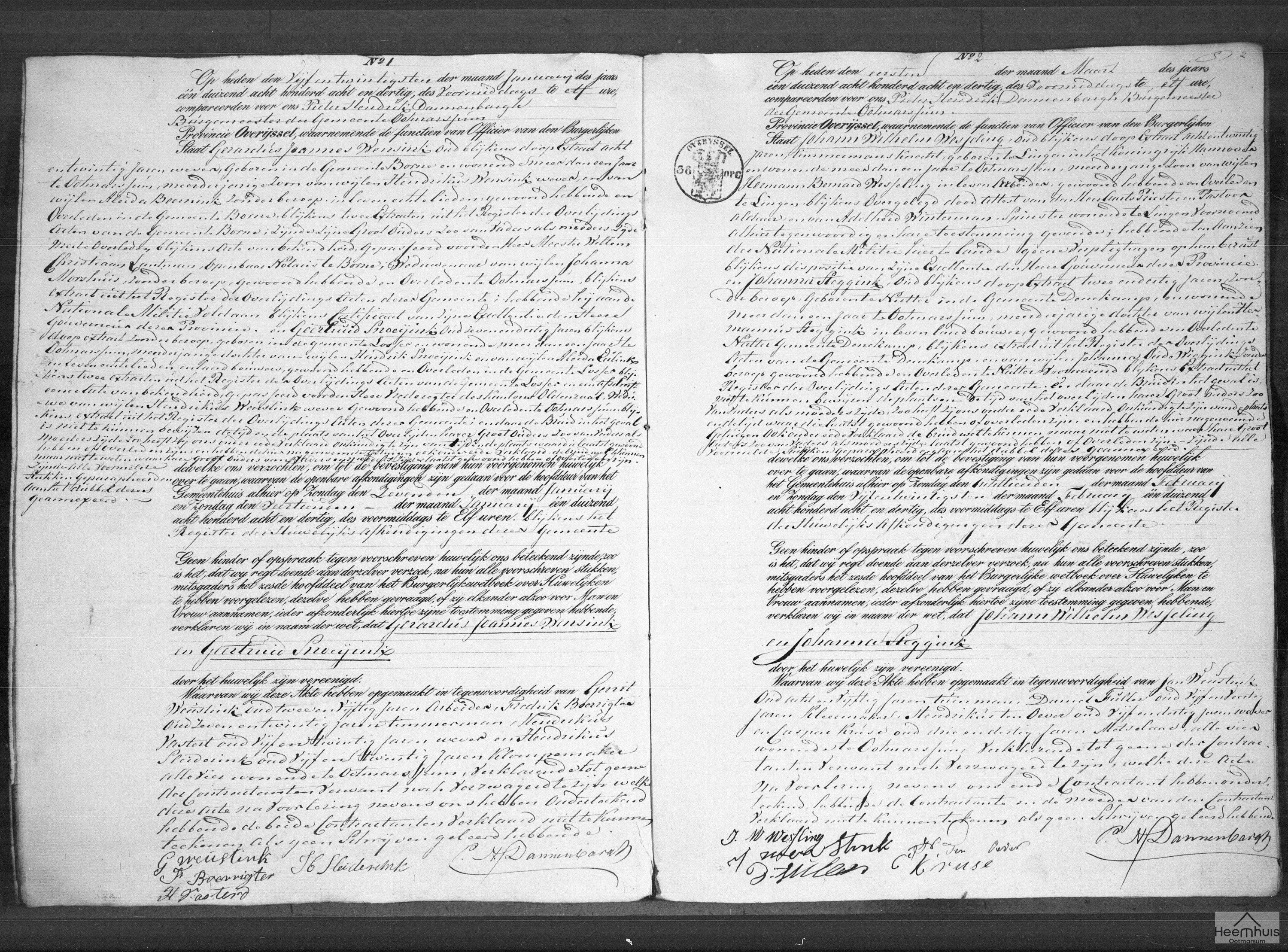 Huwelijksakte van Gerardus Joannes Wensink en Geertruid Snoeijink