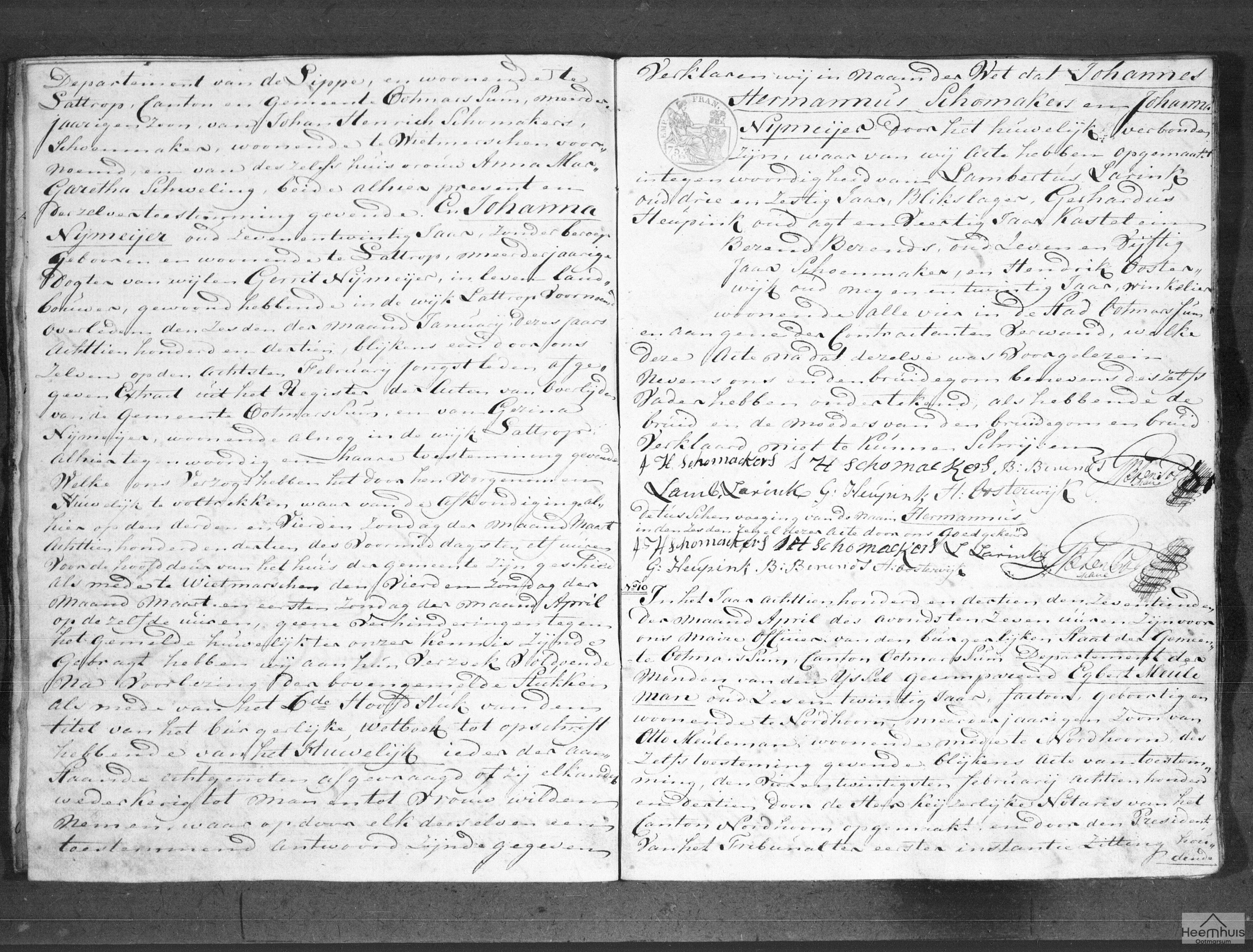Huwelijksakte van Egbert Meuleman en Catharina Pennink