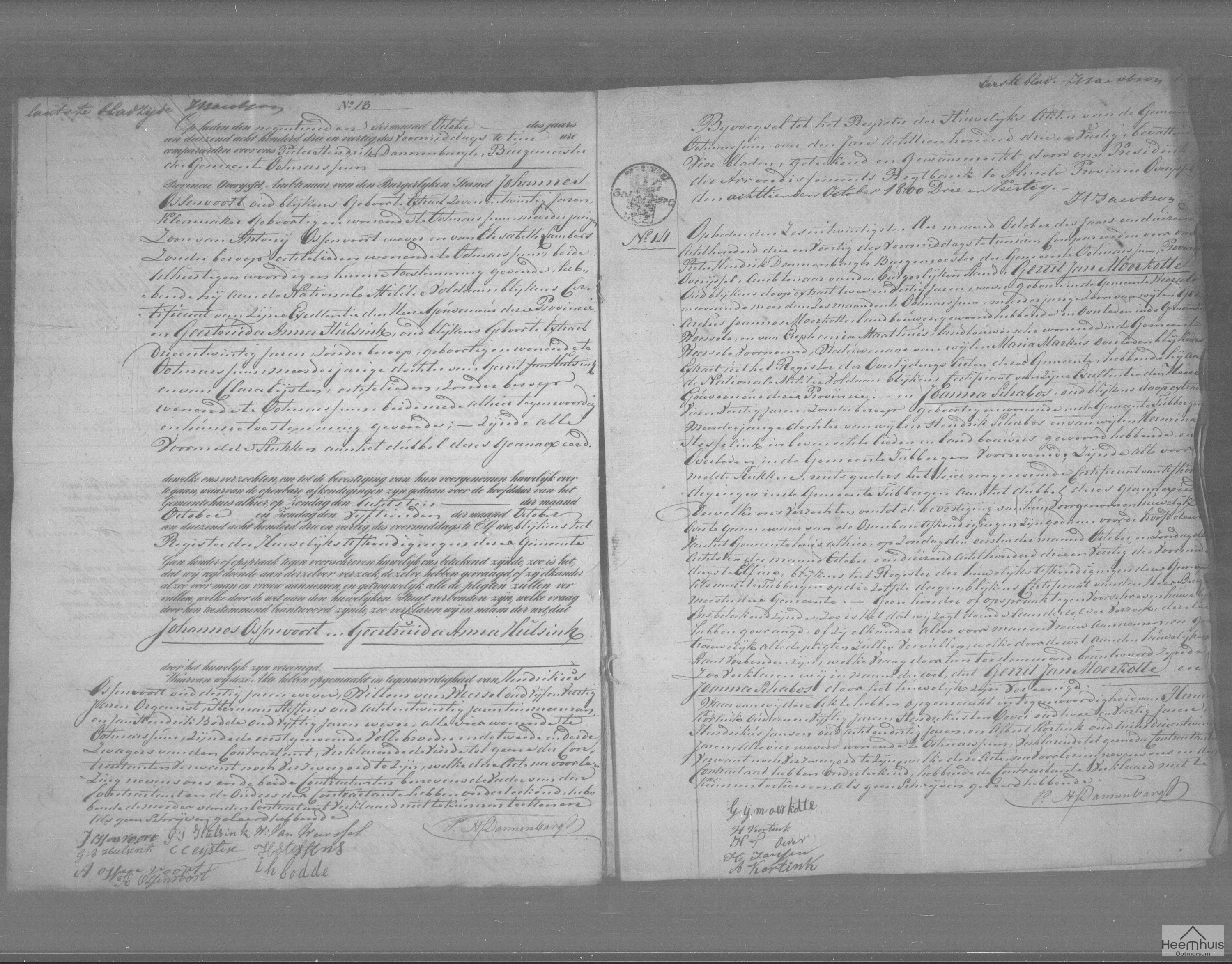 Huwelijksakte van Johannes Ossenvoort en Geertruida Anna Hulsink