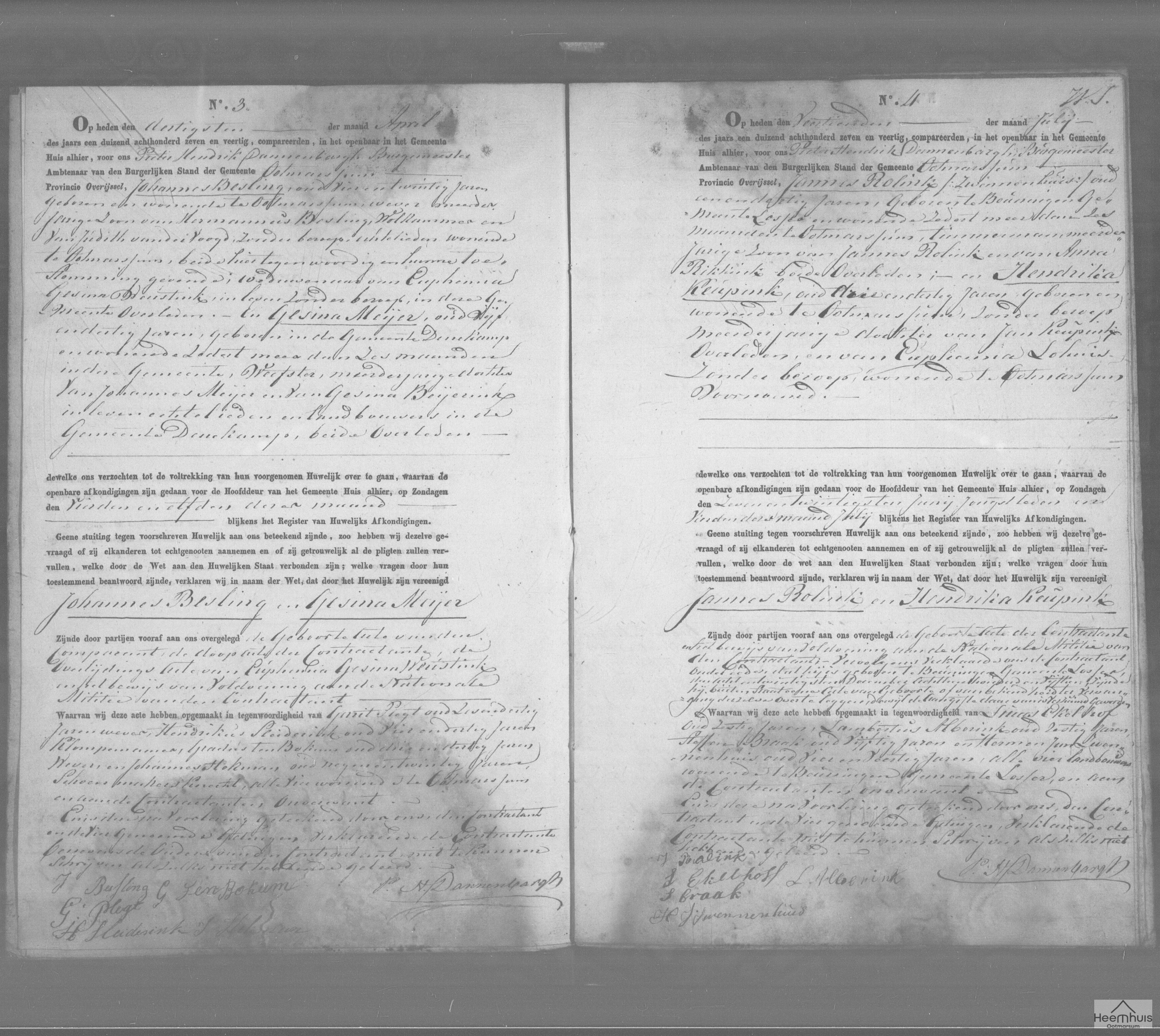 Huwelijksakte van Johannes Besling en Gesina Meijer