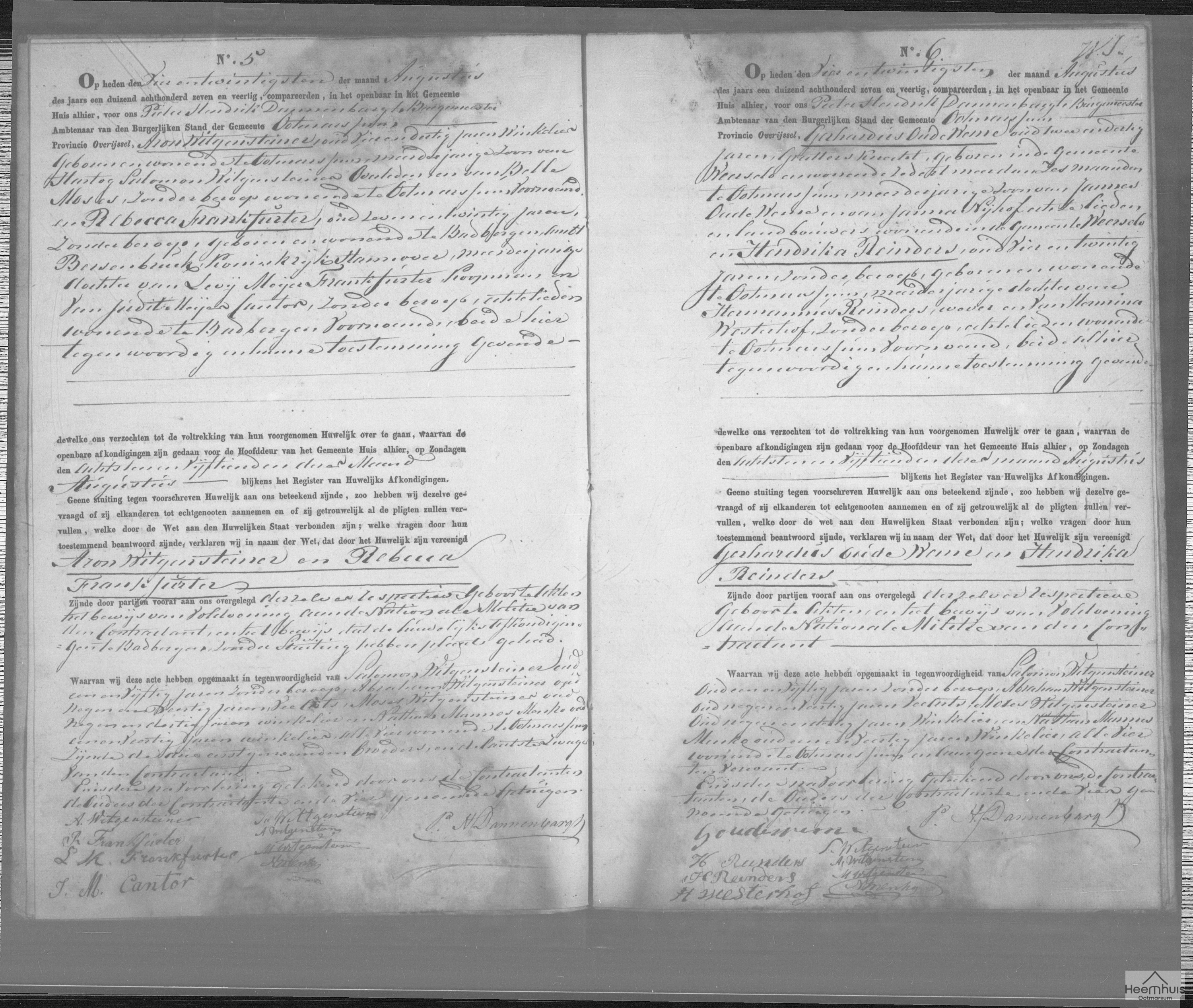 Huwelijksakte van Gerhardus Oude Weme en Hendrika Reinders