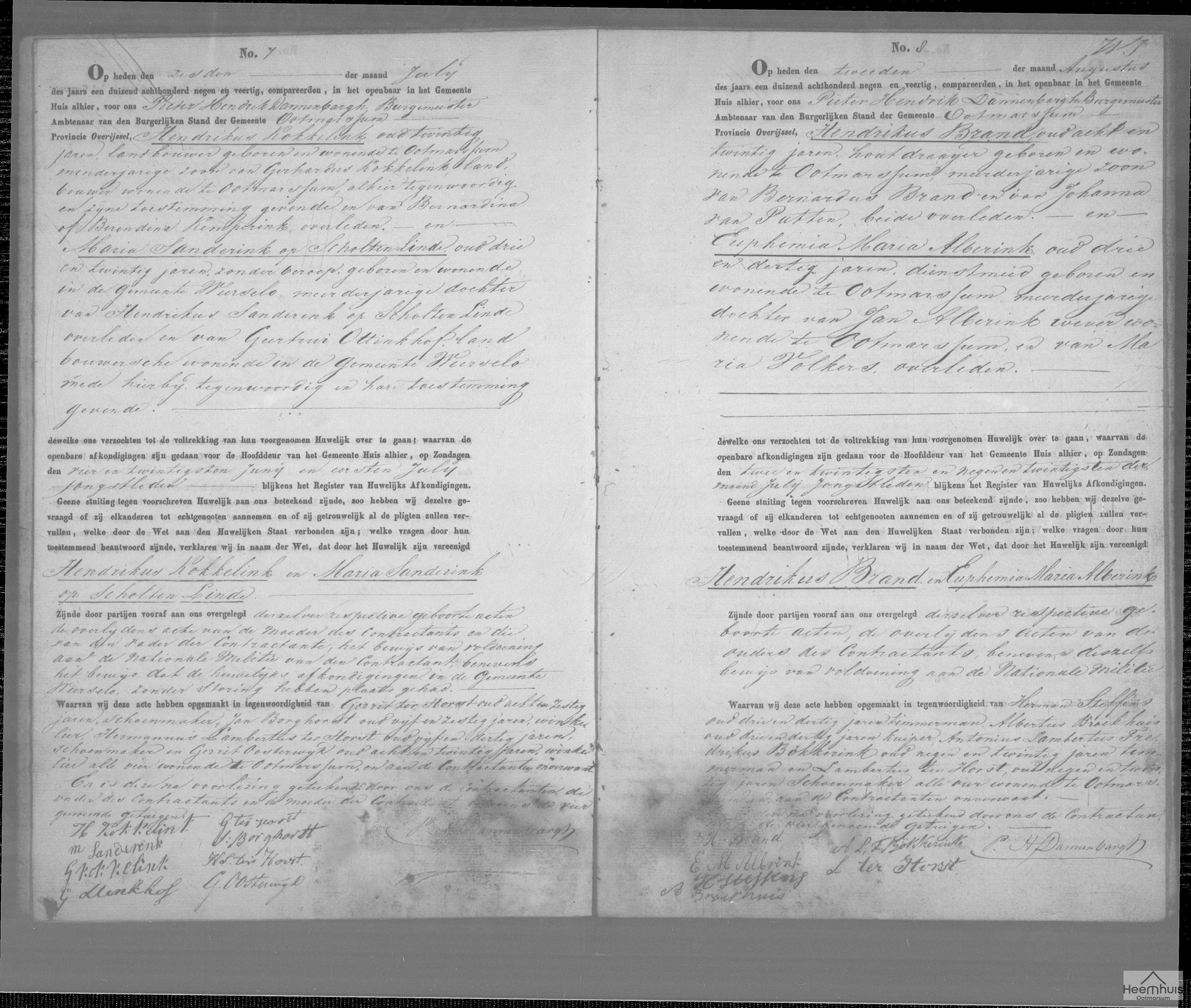Huwelijksakte van Hendrikus Brand en Euphemia Maria Alberink