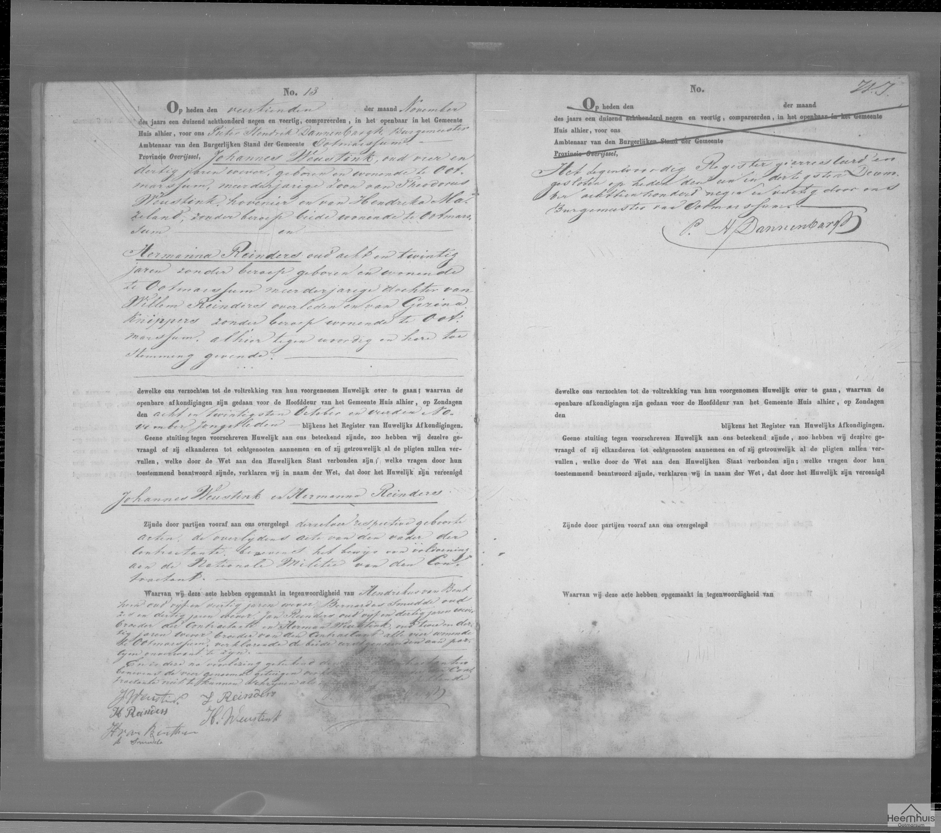Huwelijksakte van Johannes Weustink en Hermanna Reinders
