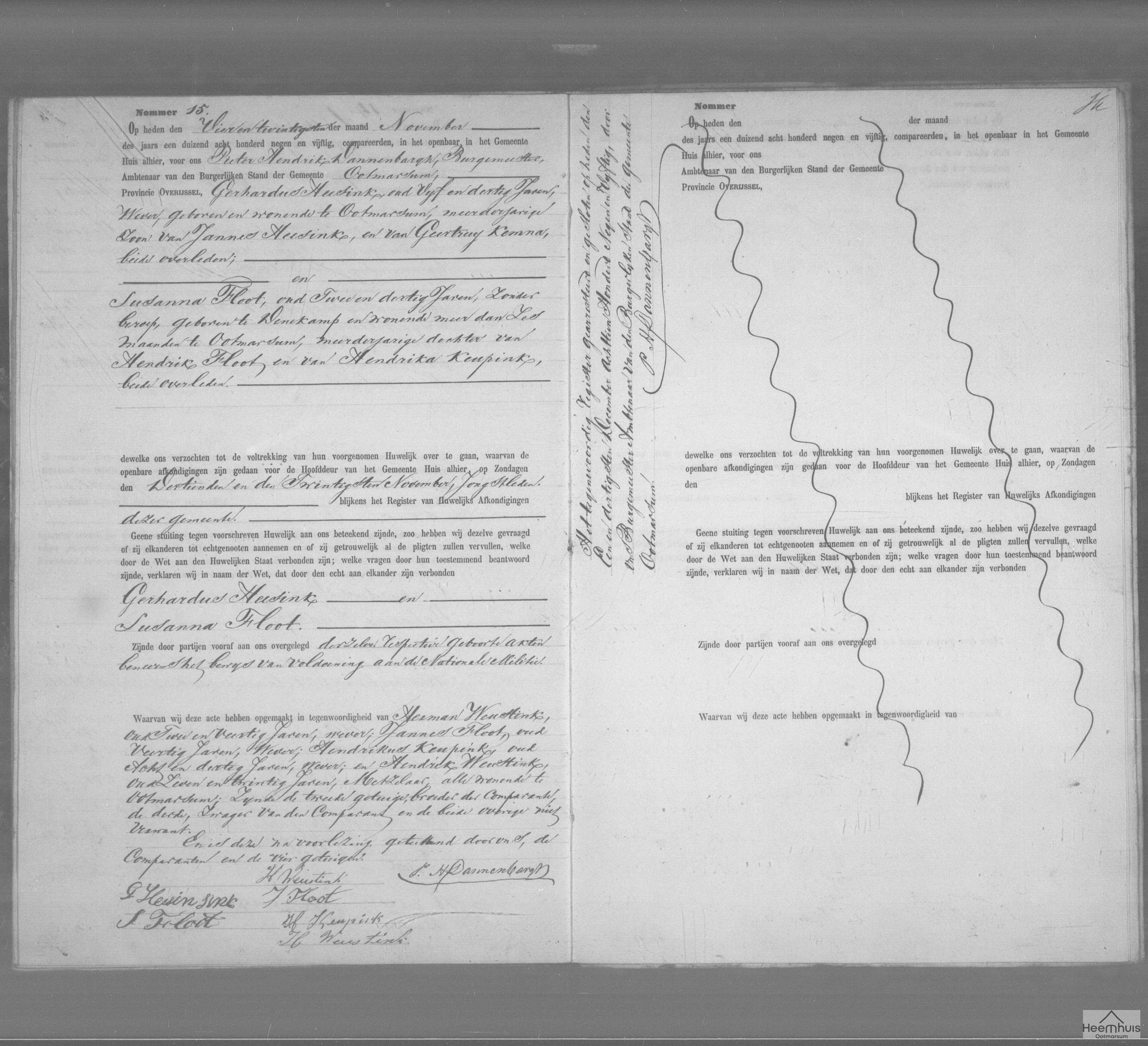 Huwelijksakte van Gerhardus Heesink en Susanna Floot