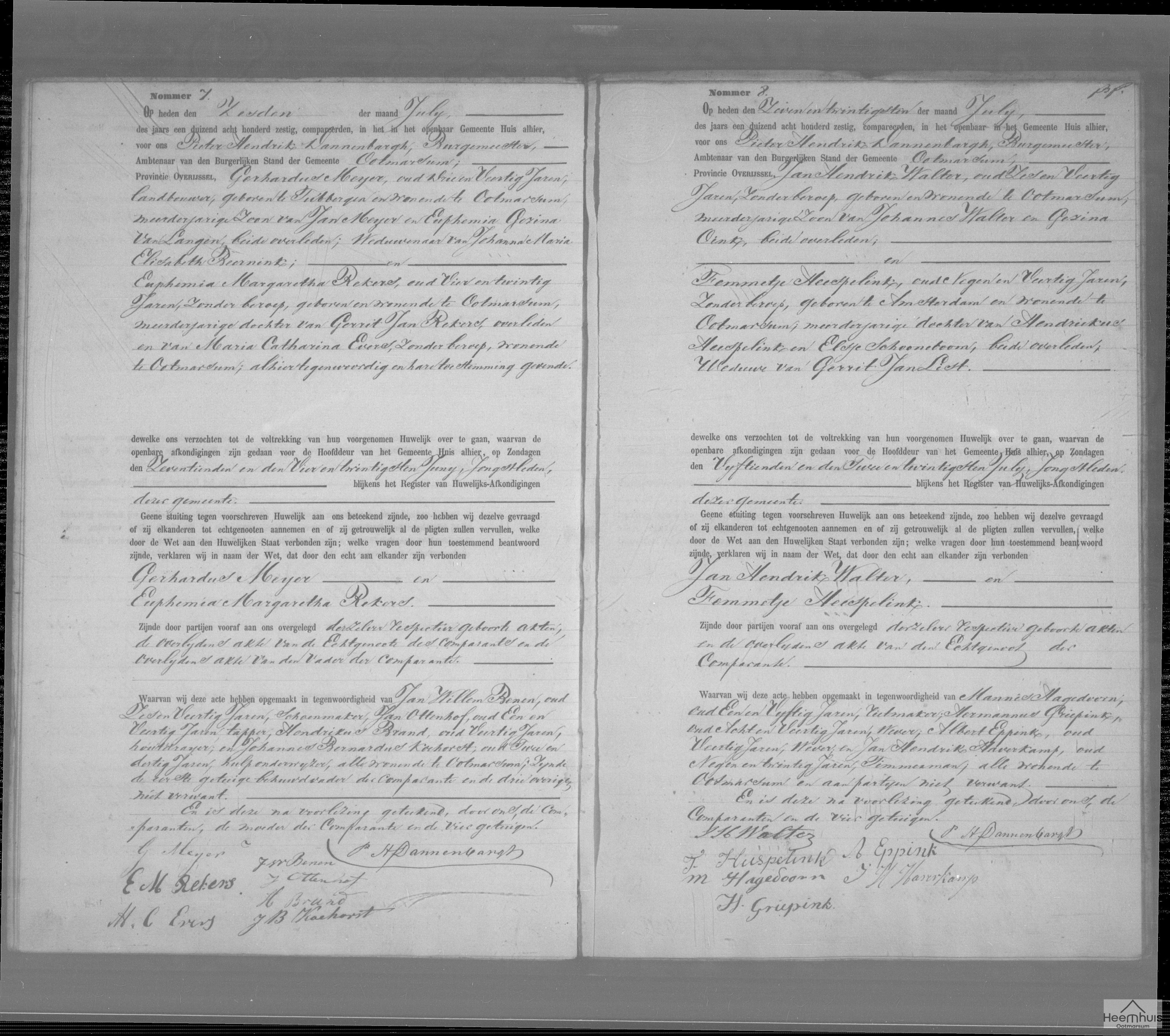 Huwelijksakte van Gerhardus Meijer en Euphemia Margaretha Rekers